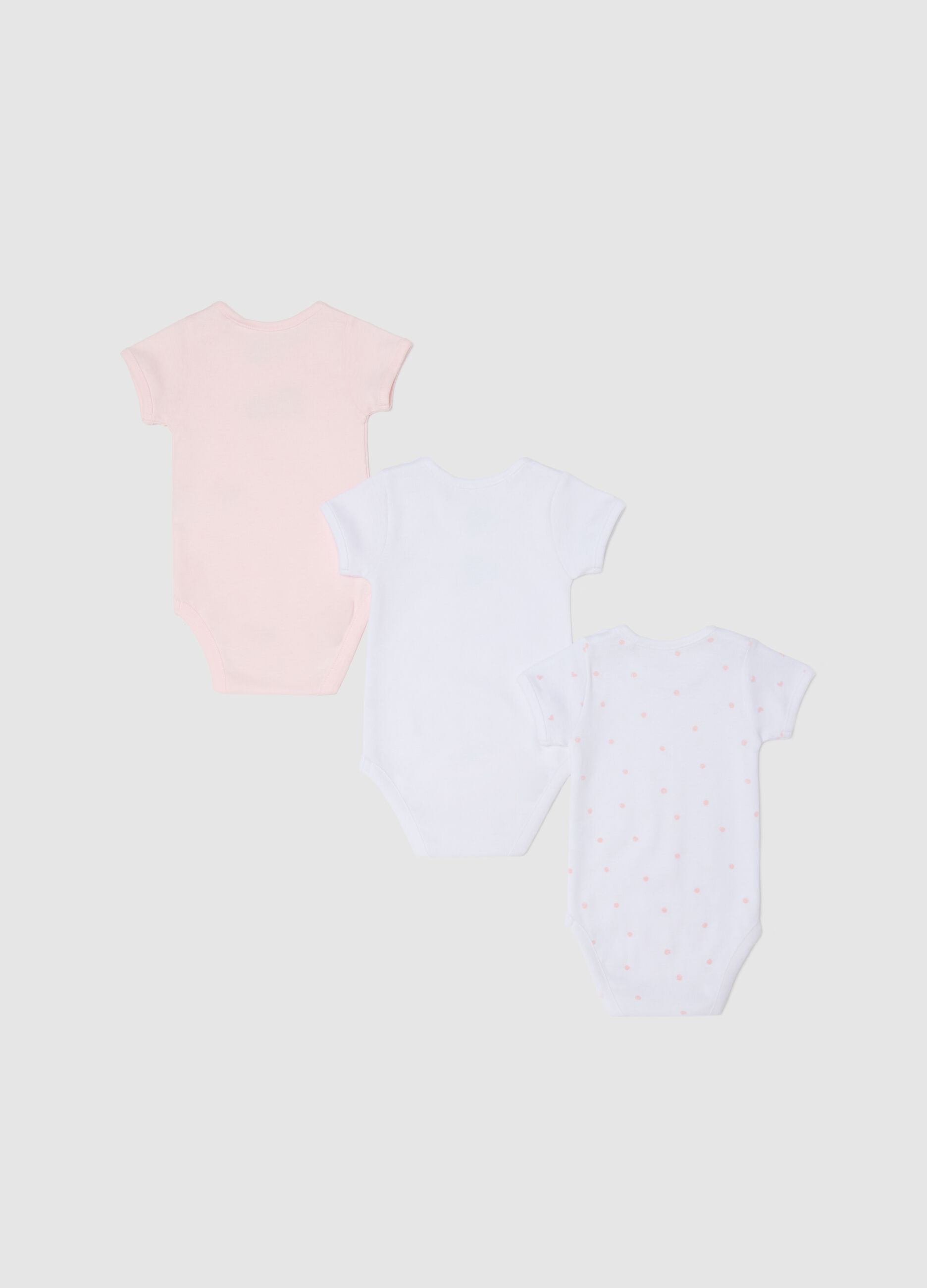 Three-pack white and pink bodysuits in organic cotton with print