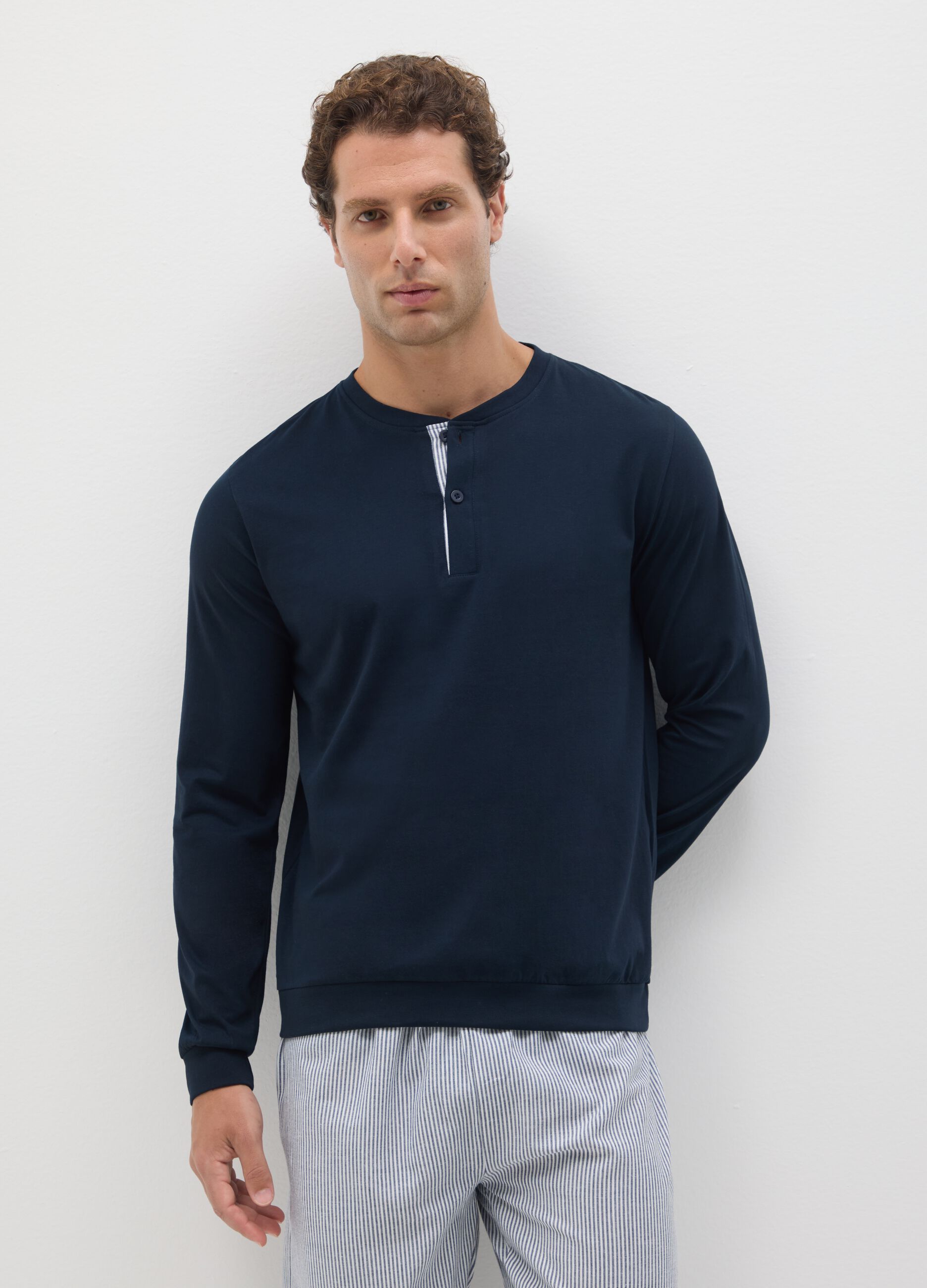 Regular fit blue and grey pure cotton pyjamas