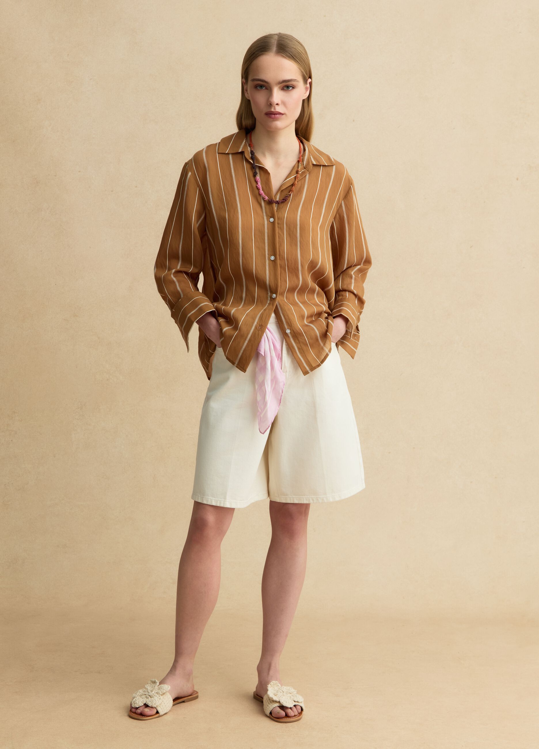 Multicoloured striped regular fit lyocell blend shirt