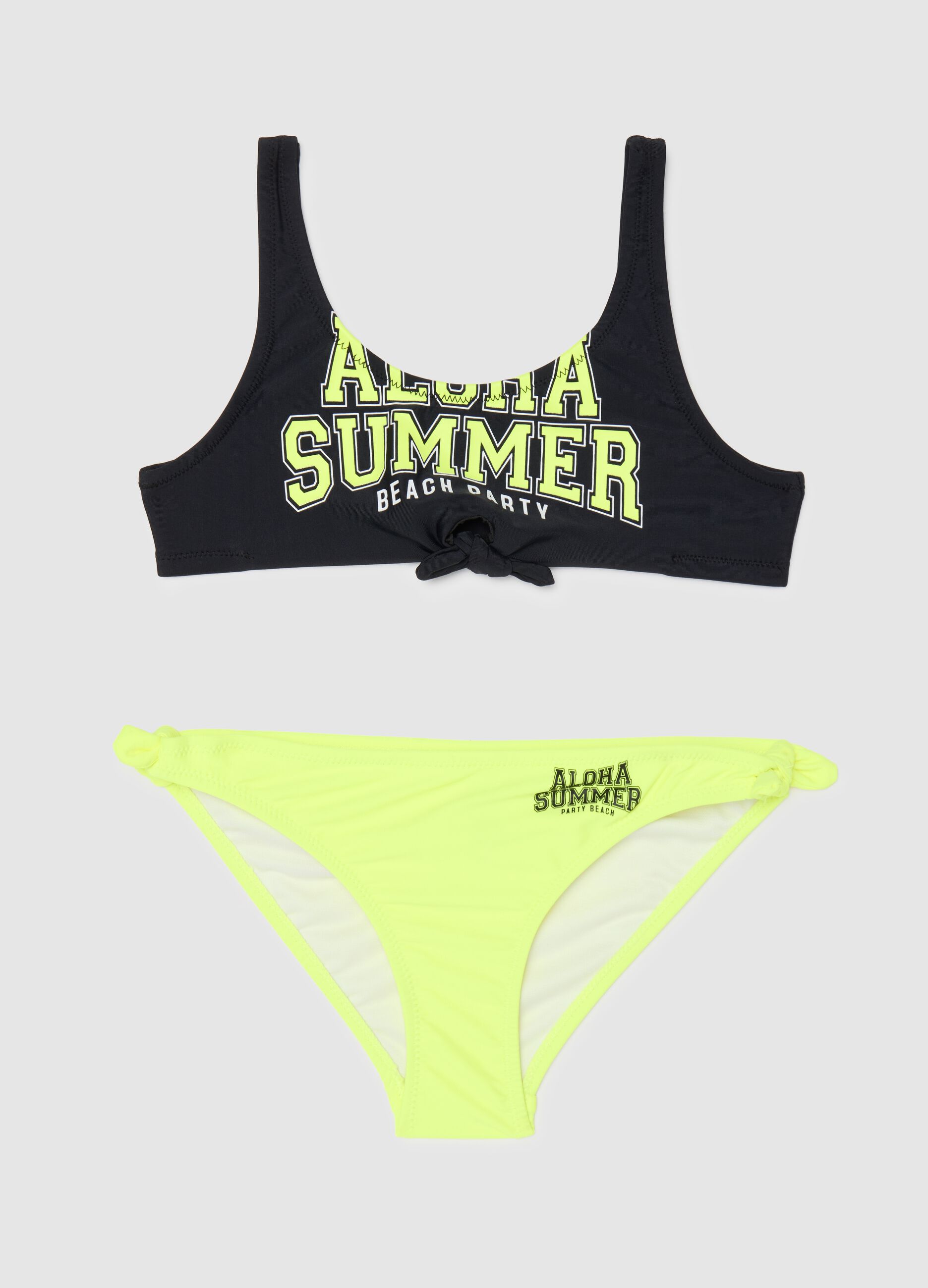 Costume bikini da ragazza in misto elasticizzato multicolor con nodo decorativo e fiocchi laterali