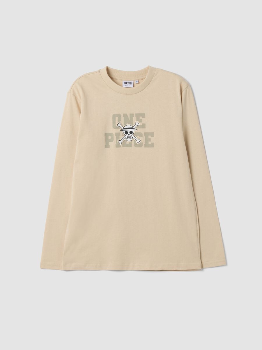 Sand pure cotton T-shirt with One Piece print, relaxed fit_0