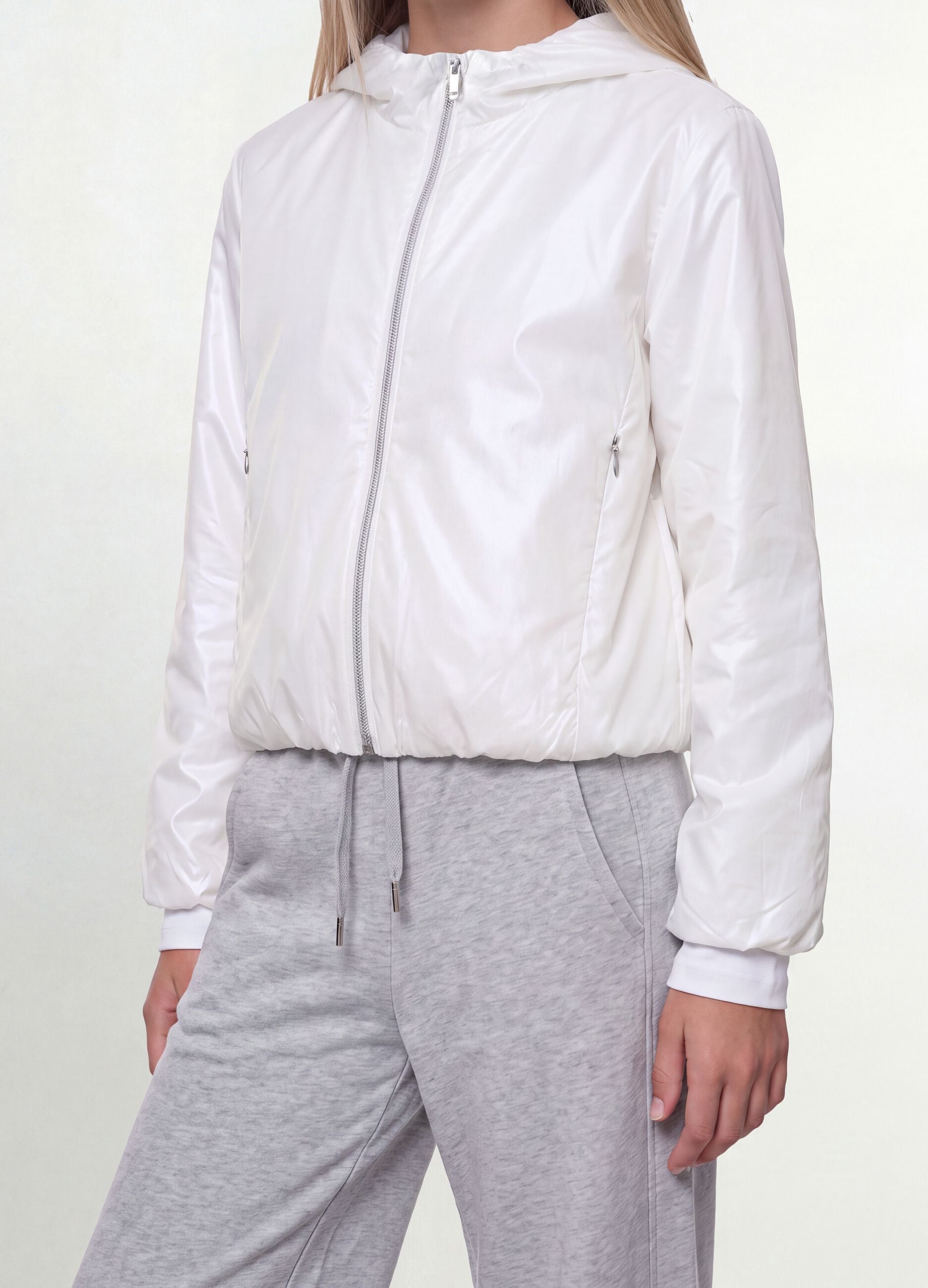 White hooded rain jacket with zip for girls