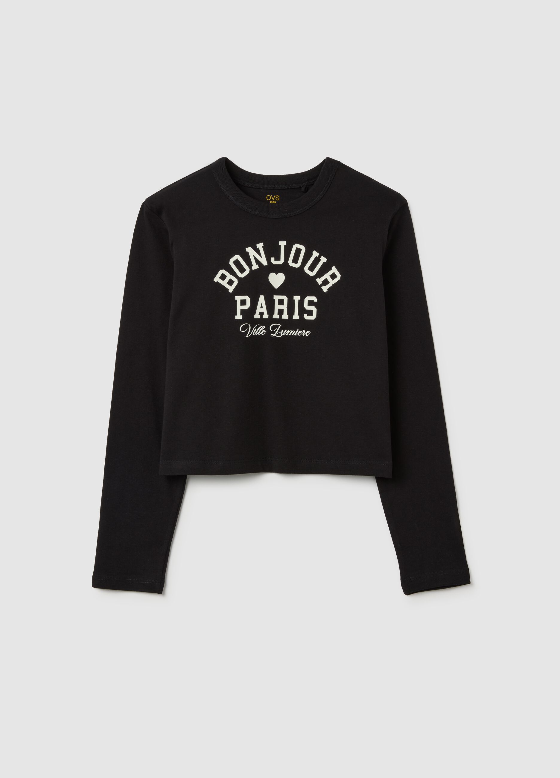 Girls' long-sleeve black pure cotton top