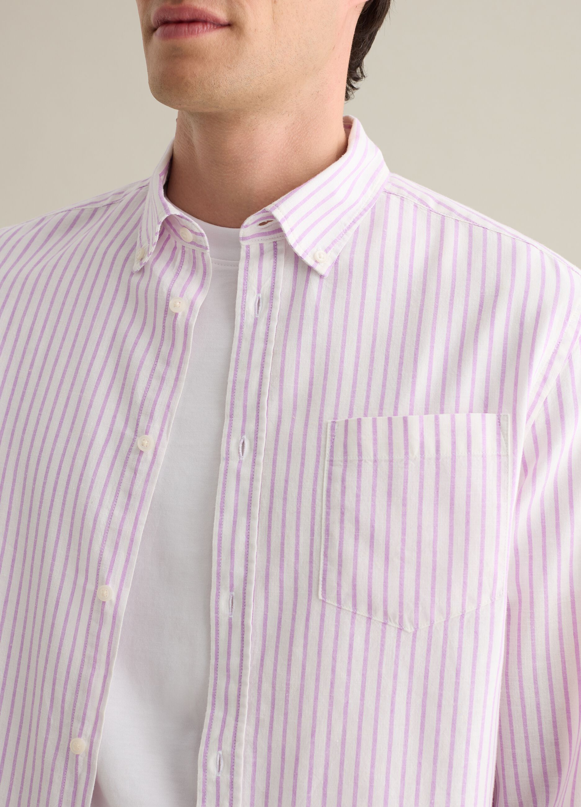 Men's pink and purple striped cotton and linen blend regular fit shirt