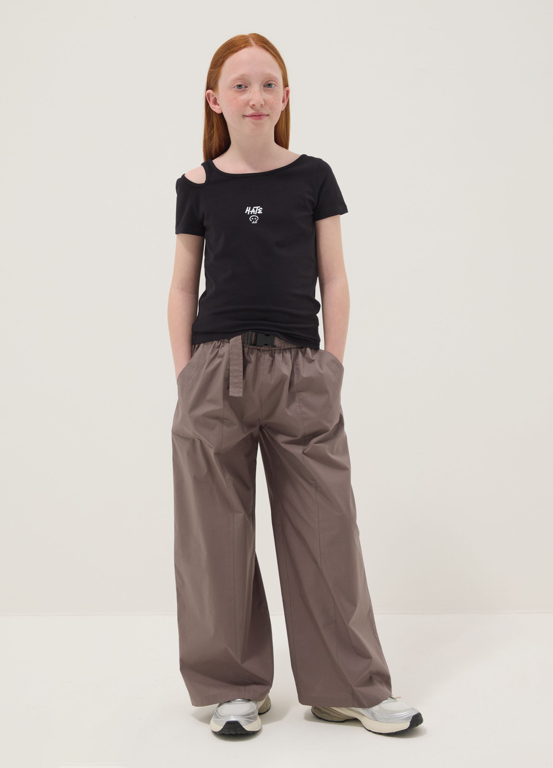 Pantaloni marroni in puro cotone con vita elastica per ragazza