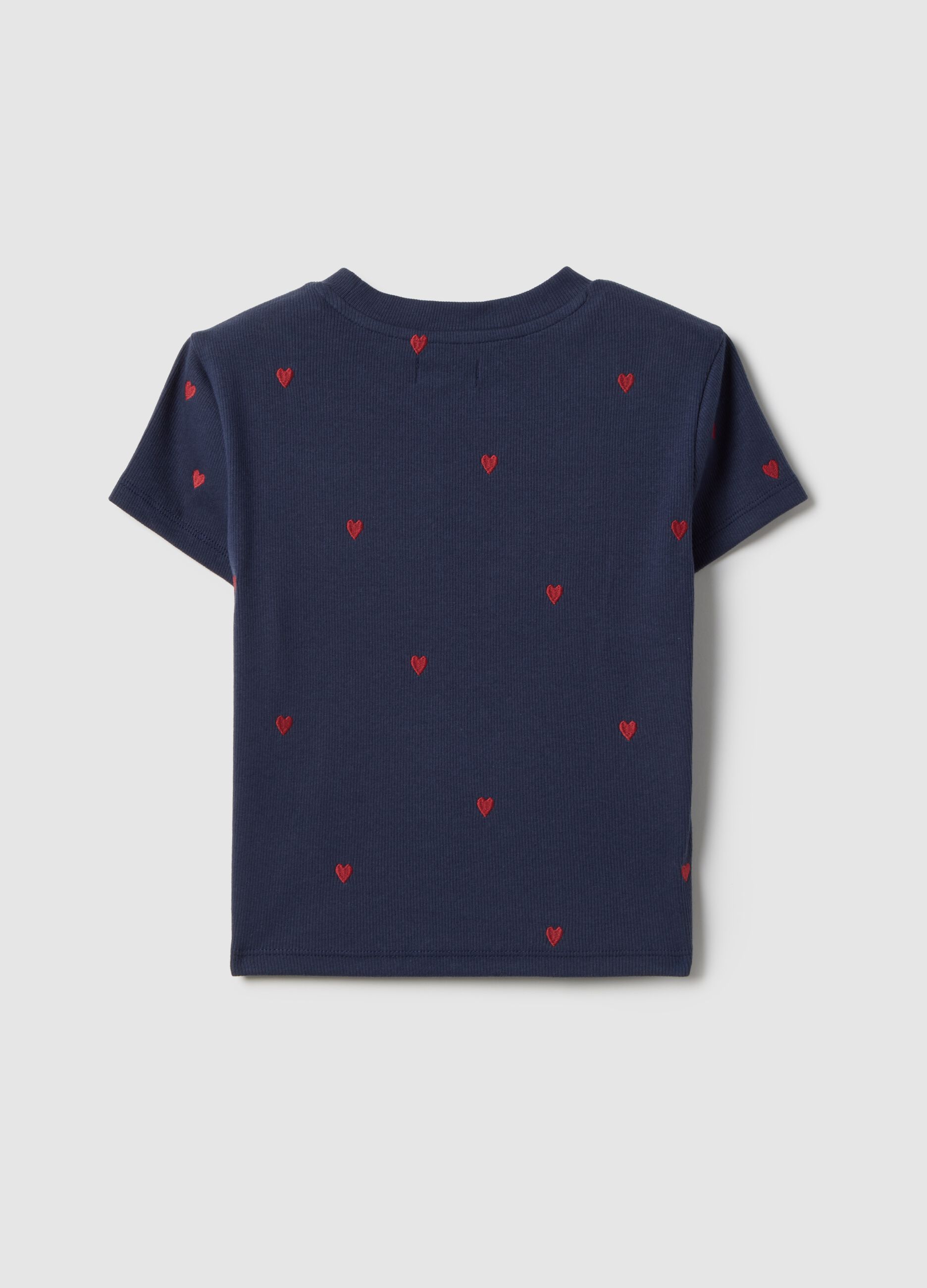 T-shirt blu per ragazza in cotone elasticizzato con ricamo cuori 