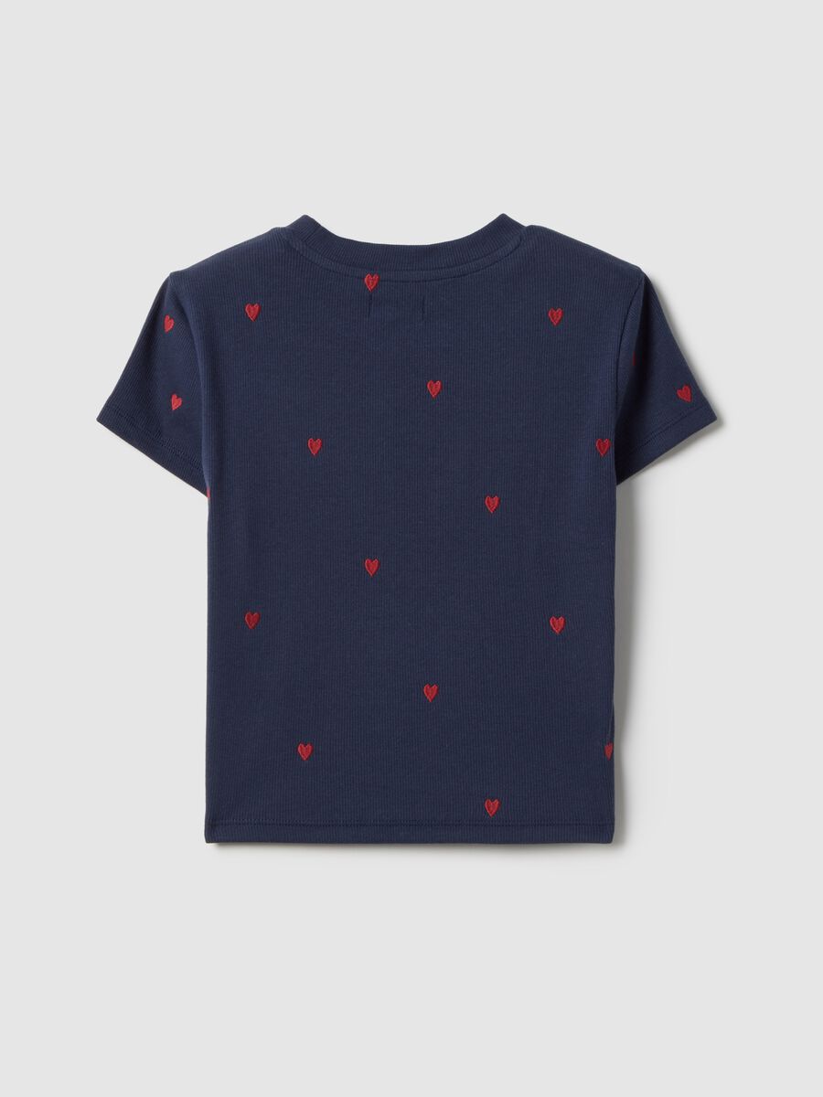 T-shirt blu per ragazza in cotone elasticizzato con ricamo cuori _4