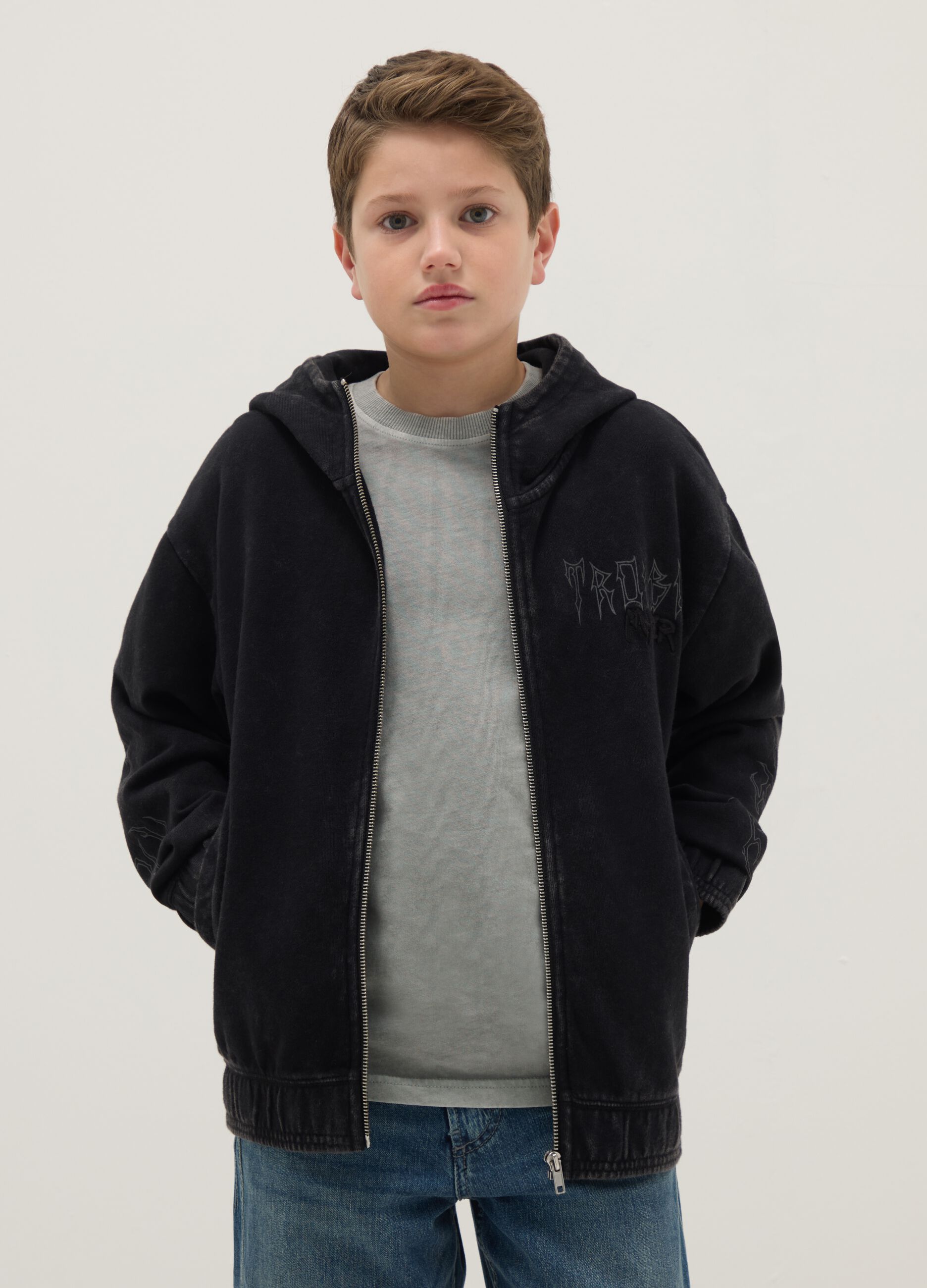 Boys' Regular Fit Black Pure Cotton Hoodie with Zip