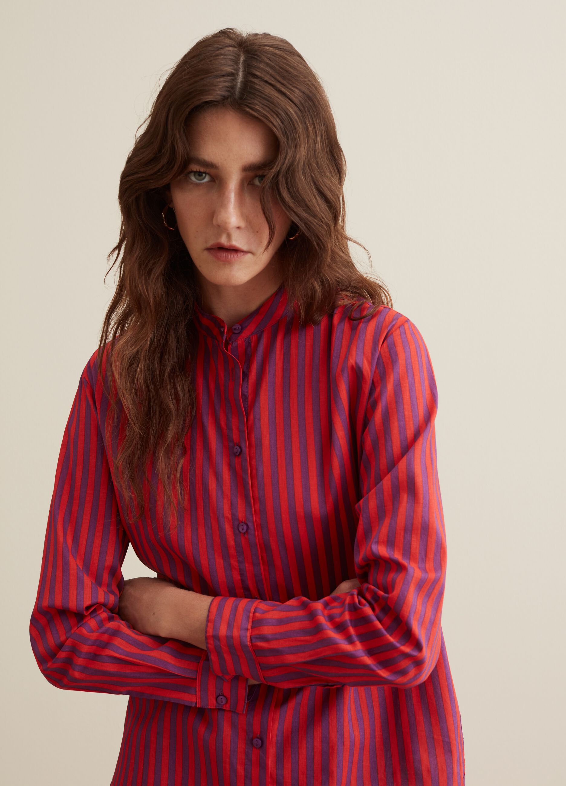 Camicia in cotone a righe collo alla coreana