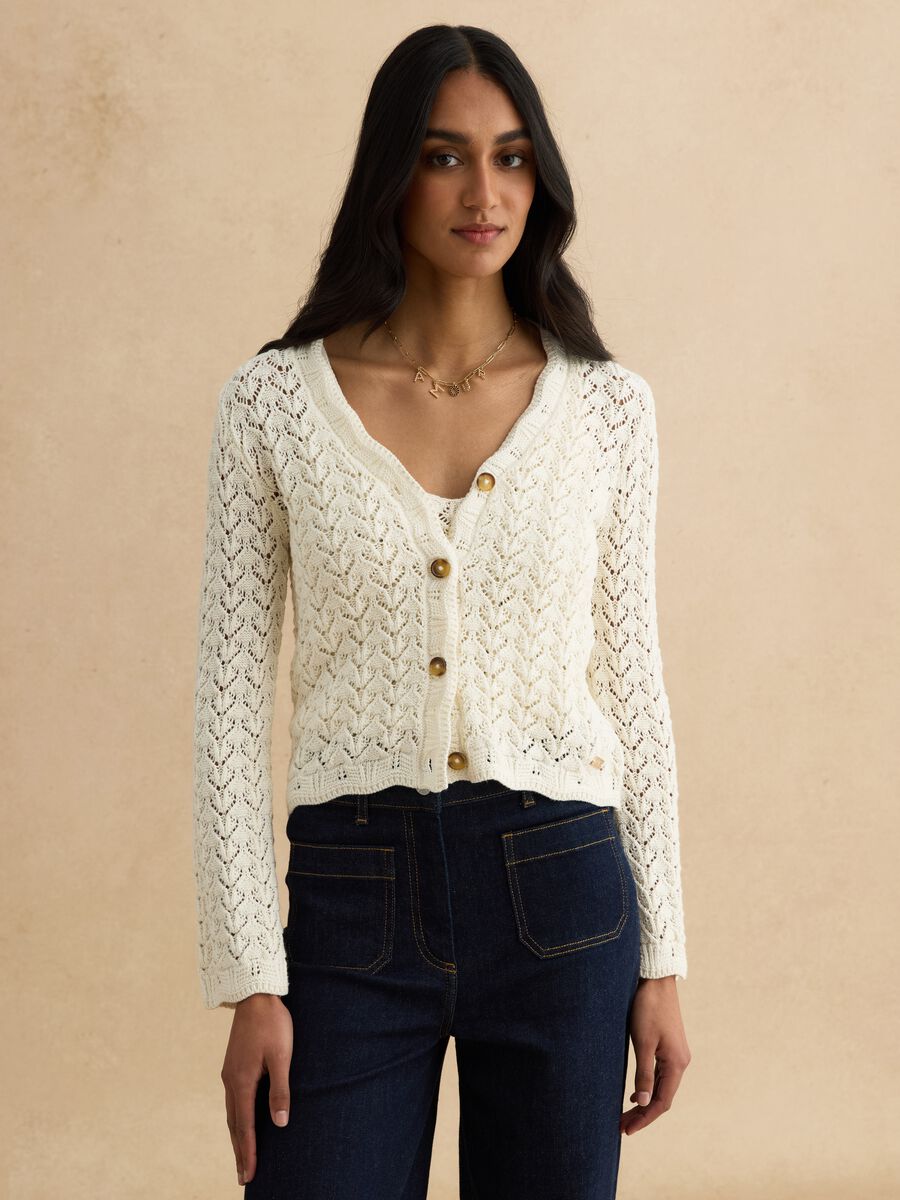 White pure cotton cardigan, regular fit deep V with openwork pattern_1