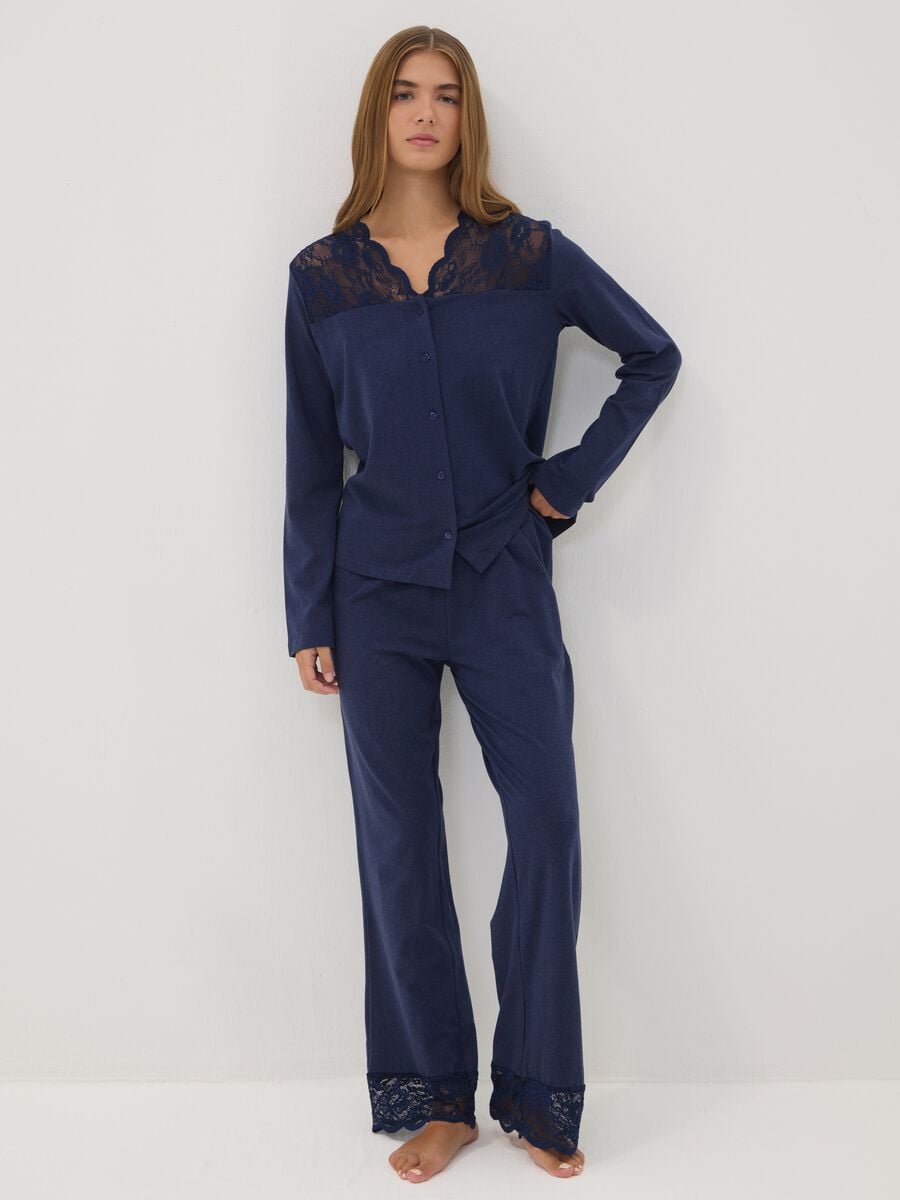 Pantaloni pigiama blu in cotone, lyocell e lana elasticizzata_0