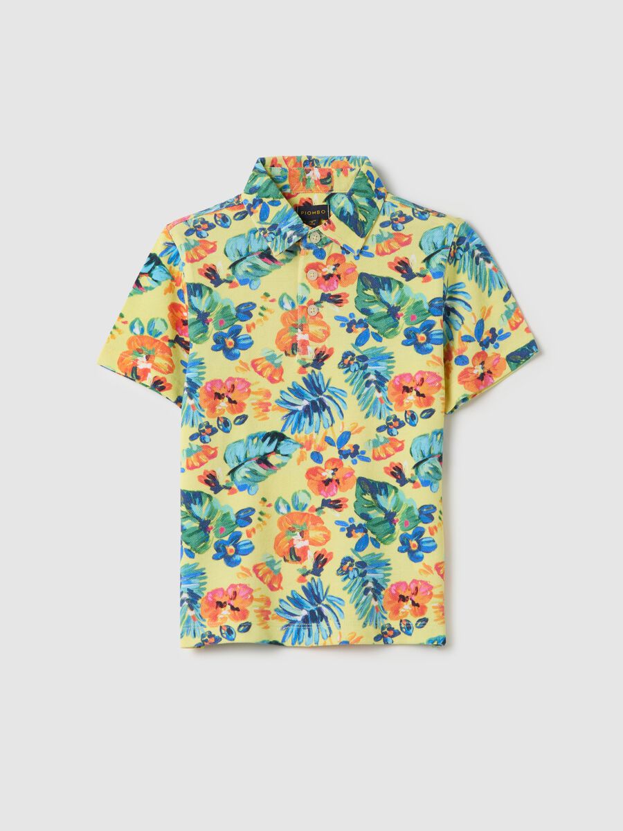 Yellow polo shirt in cotton with tropical pattern_0