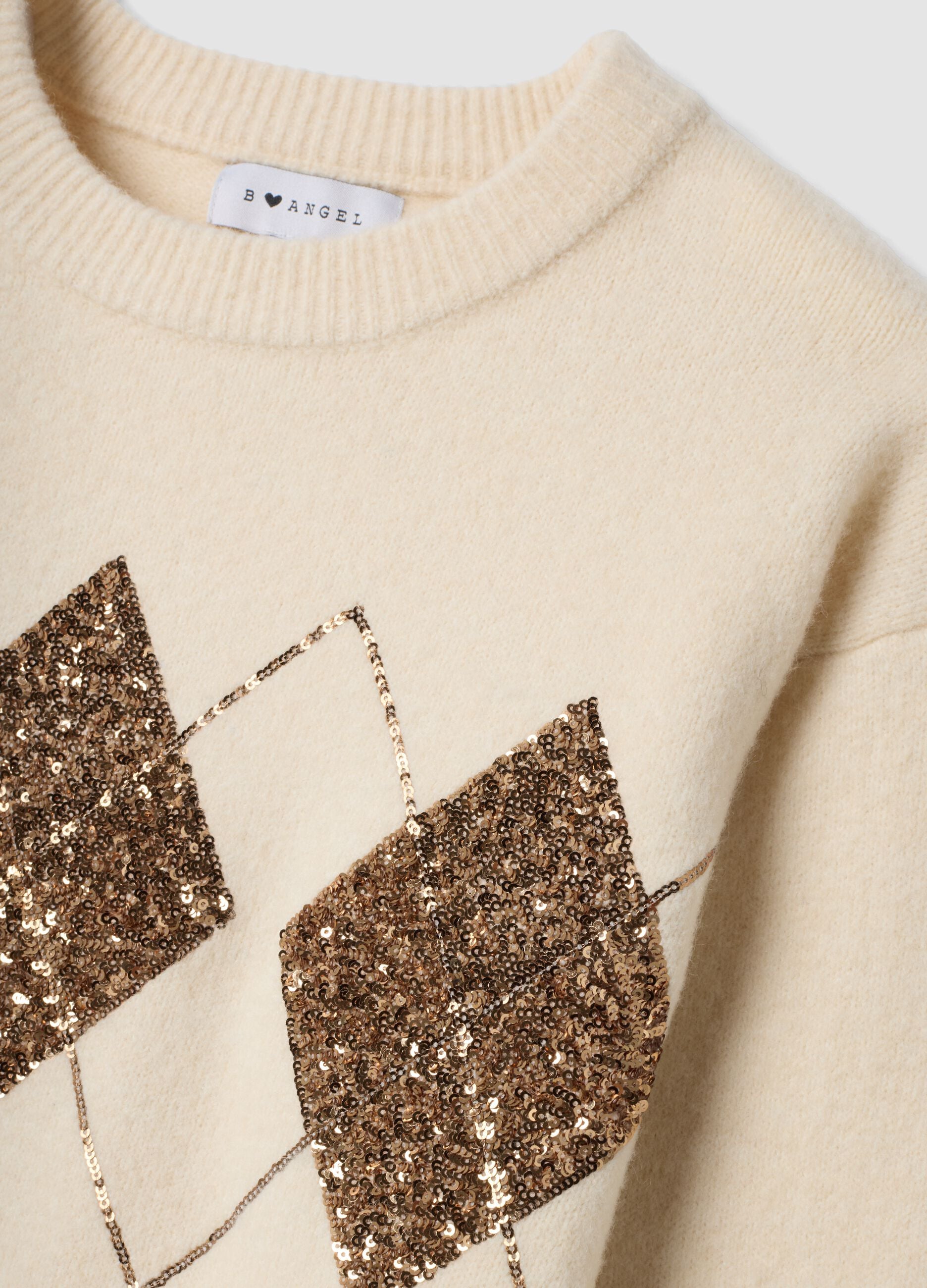 Ecru stretch-wool crew-neck jumper with argyle pattern, oversized fit