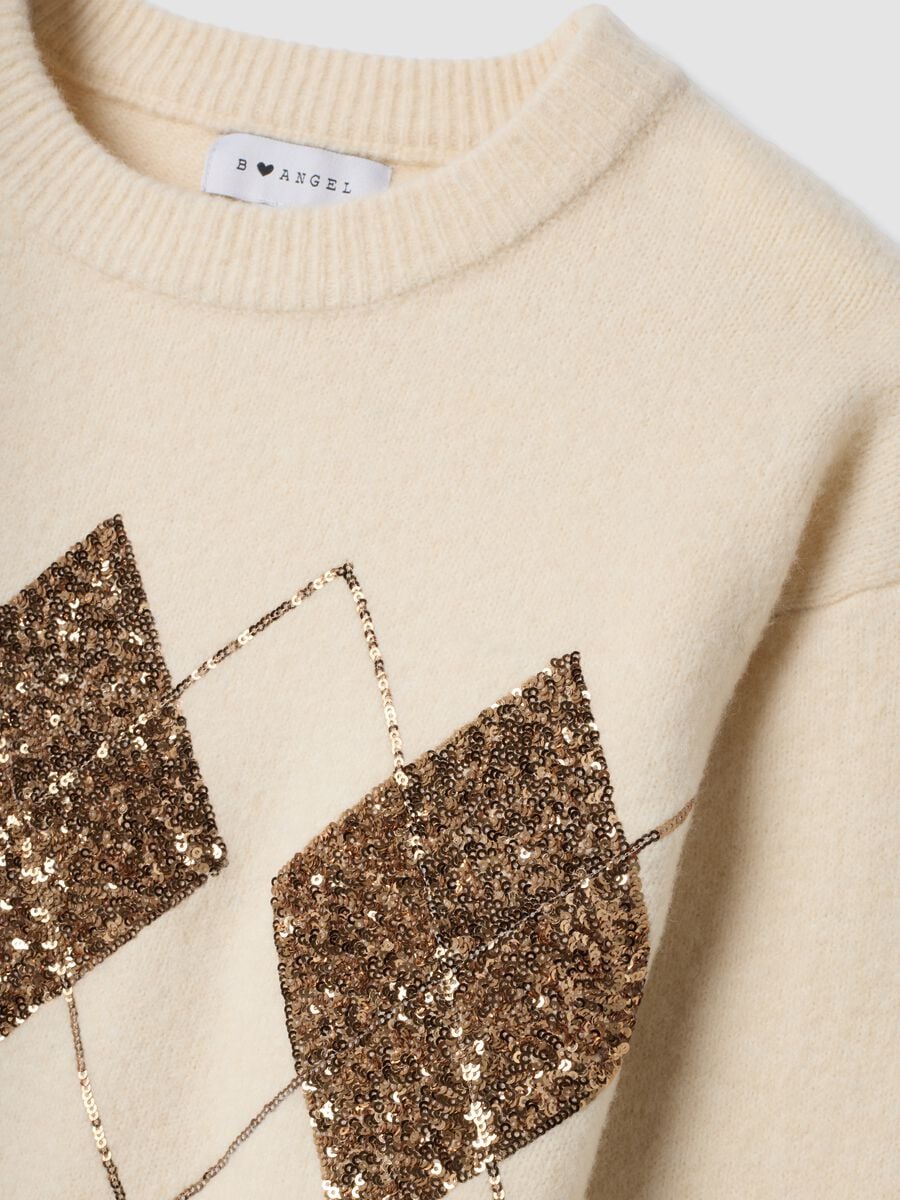 Ecru stretch-wool crew-neck jumper with argyle pattern, oversized fit_1