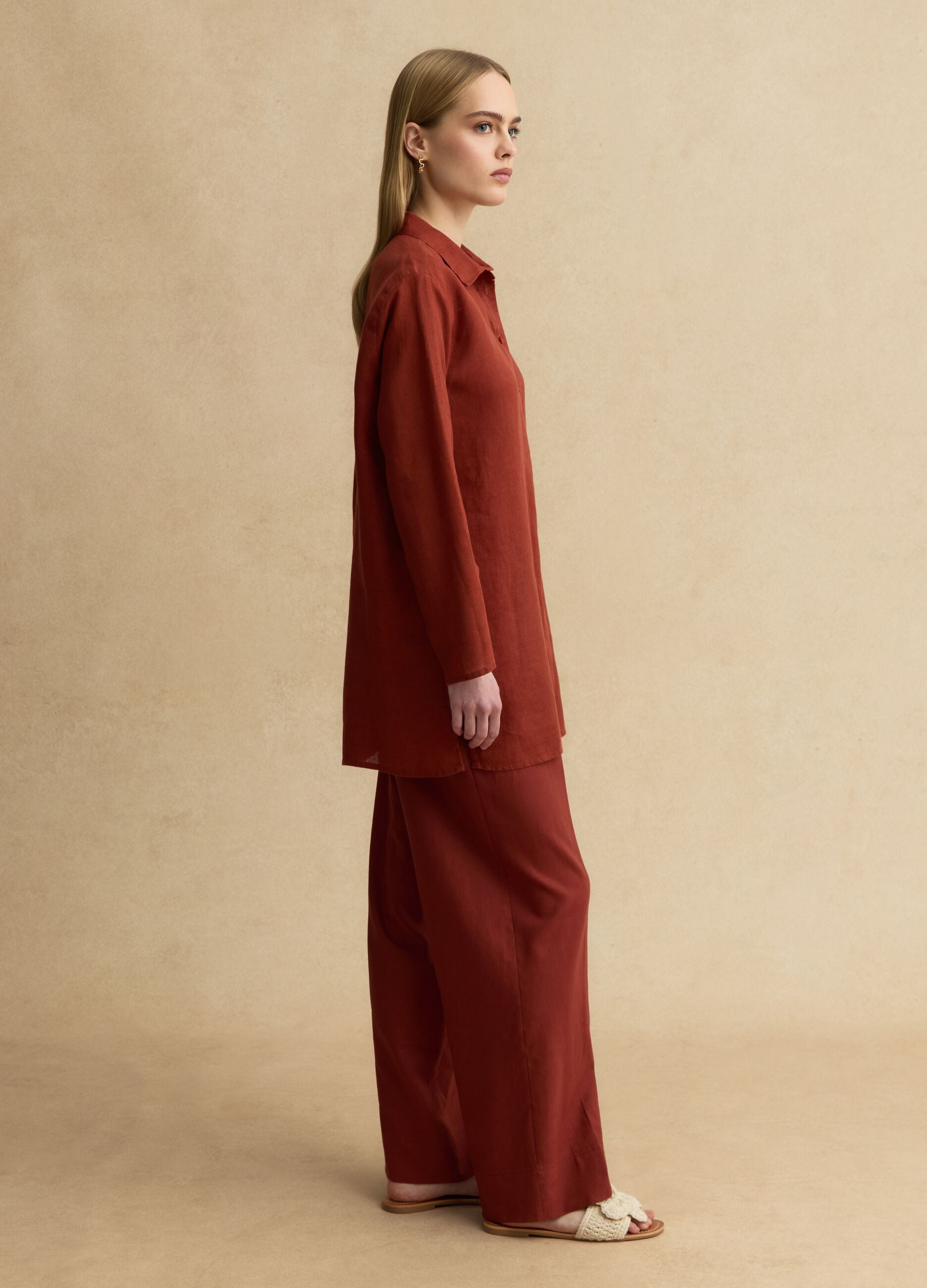 Long oversized pure red linen shirt
