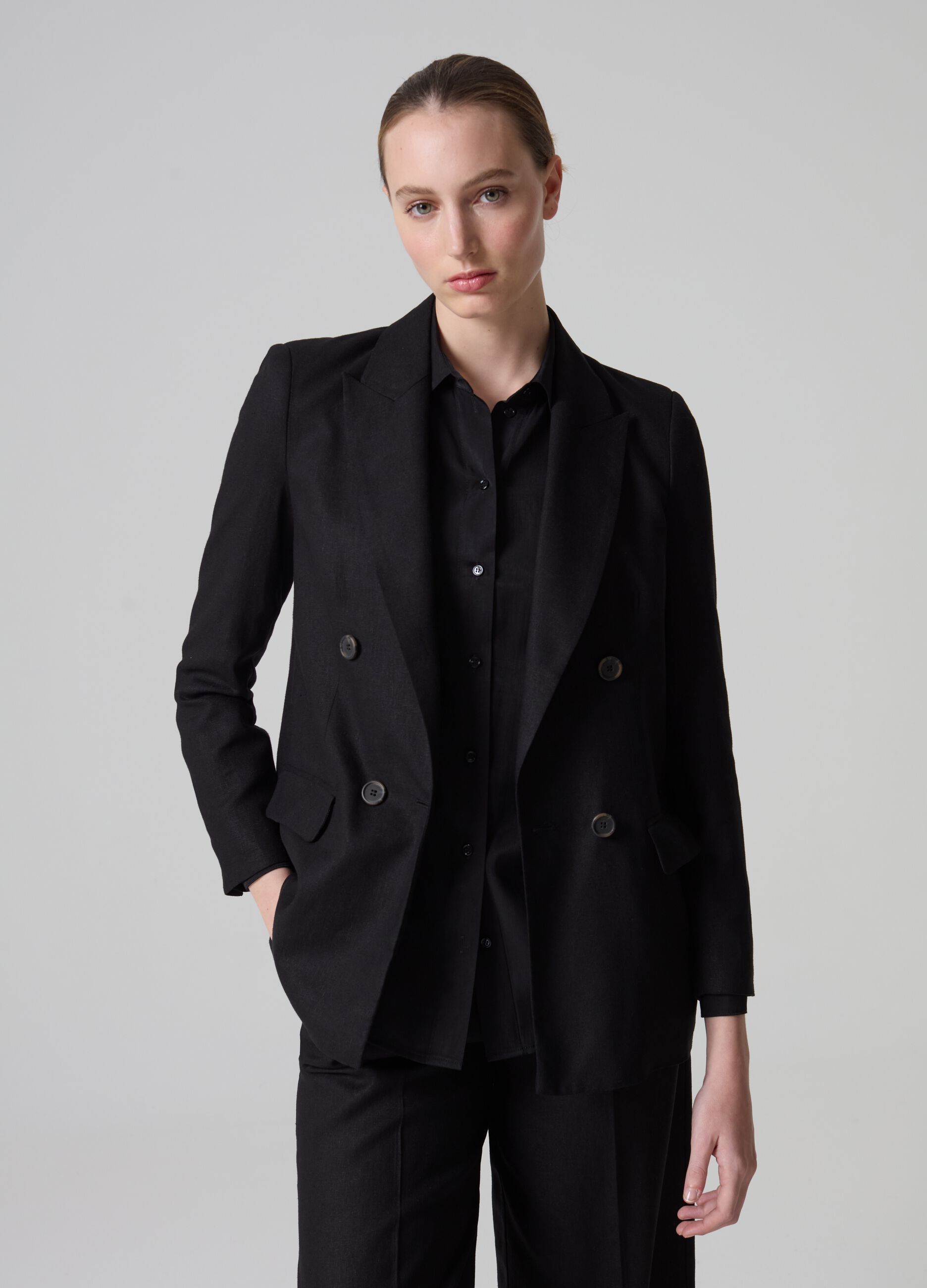 Blazer doppiopetto in lino e viscosa PIOMBO