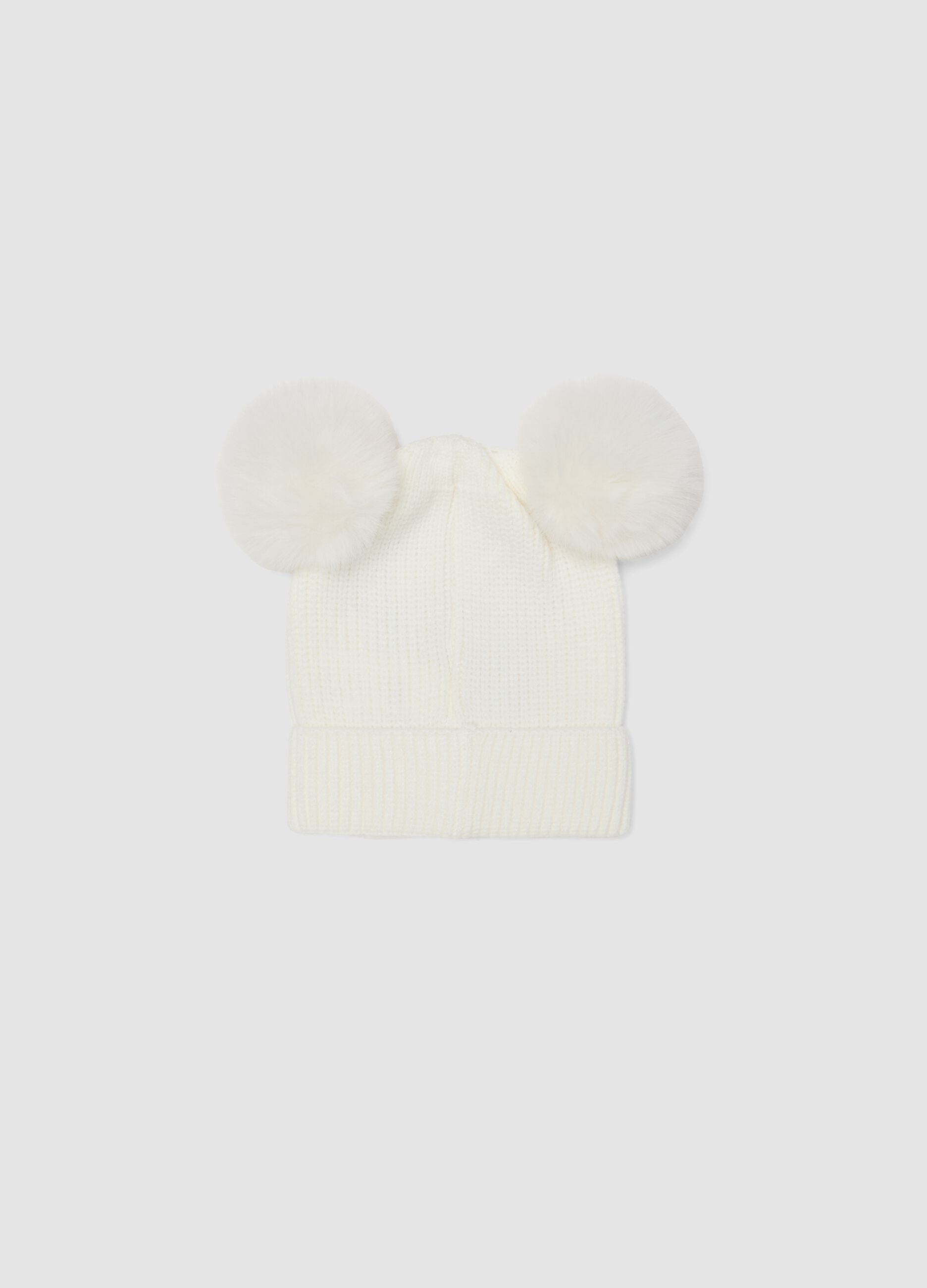 White viscose-blend hat with pom‑poms and Minnie embroidery