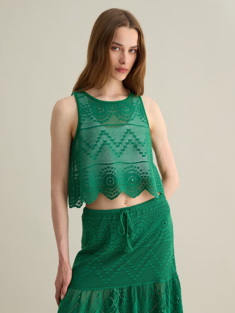 Green Artistic Cotton Blend Tank Top_0