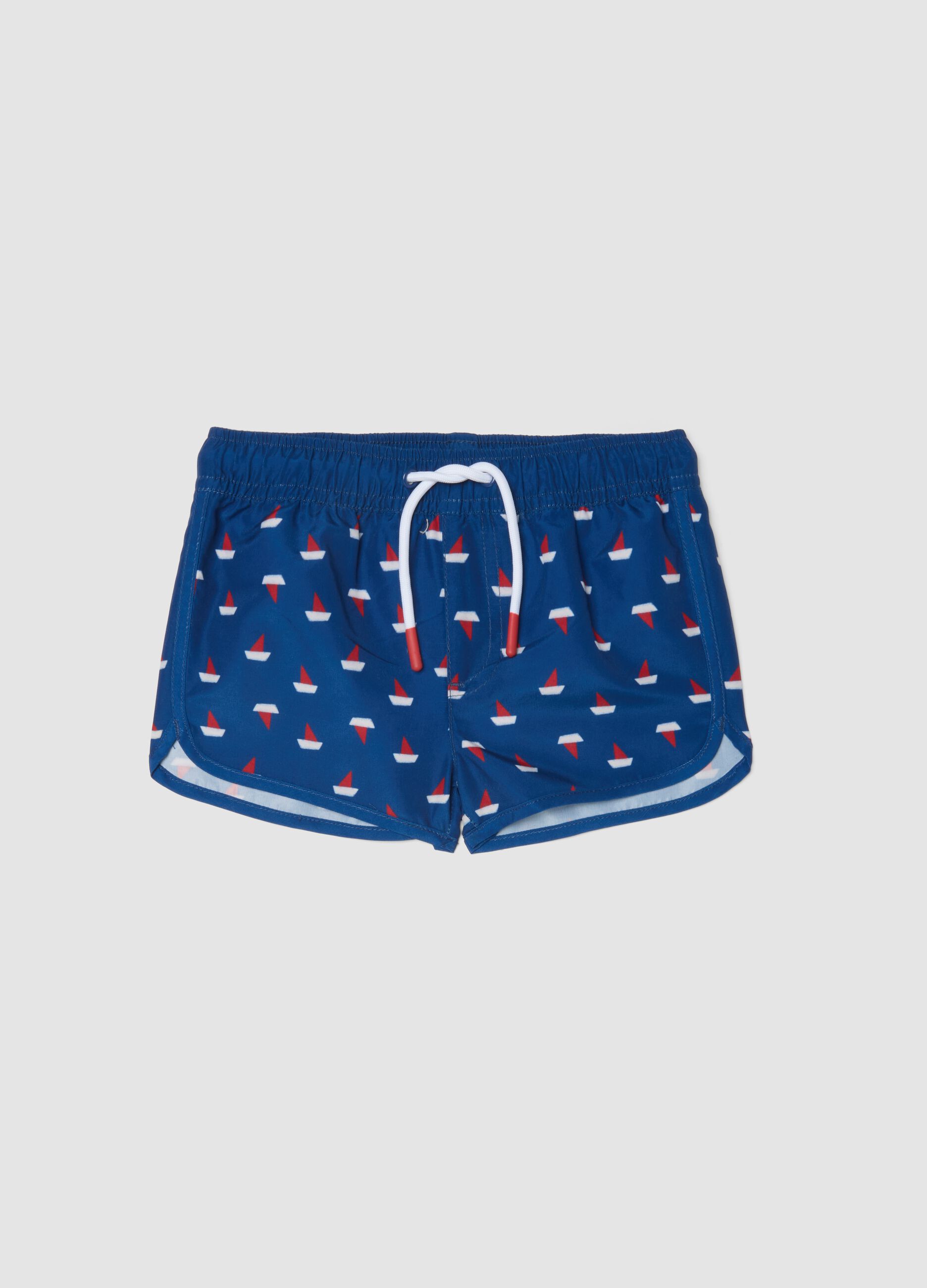 Boys&rsquo; blue boxer swim shorts with little boat print