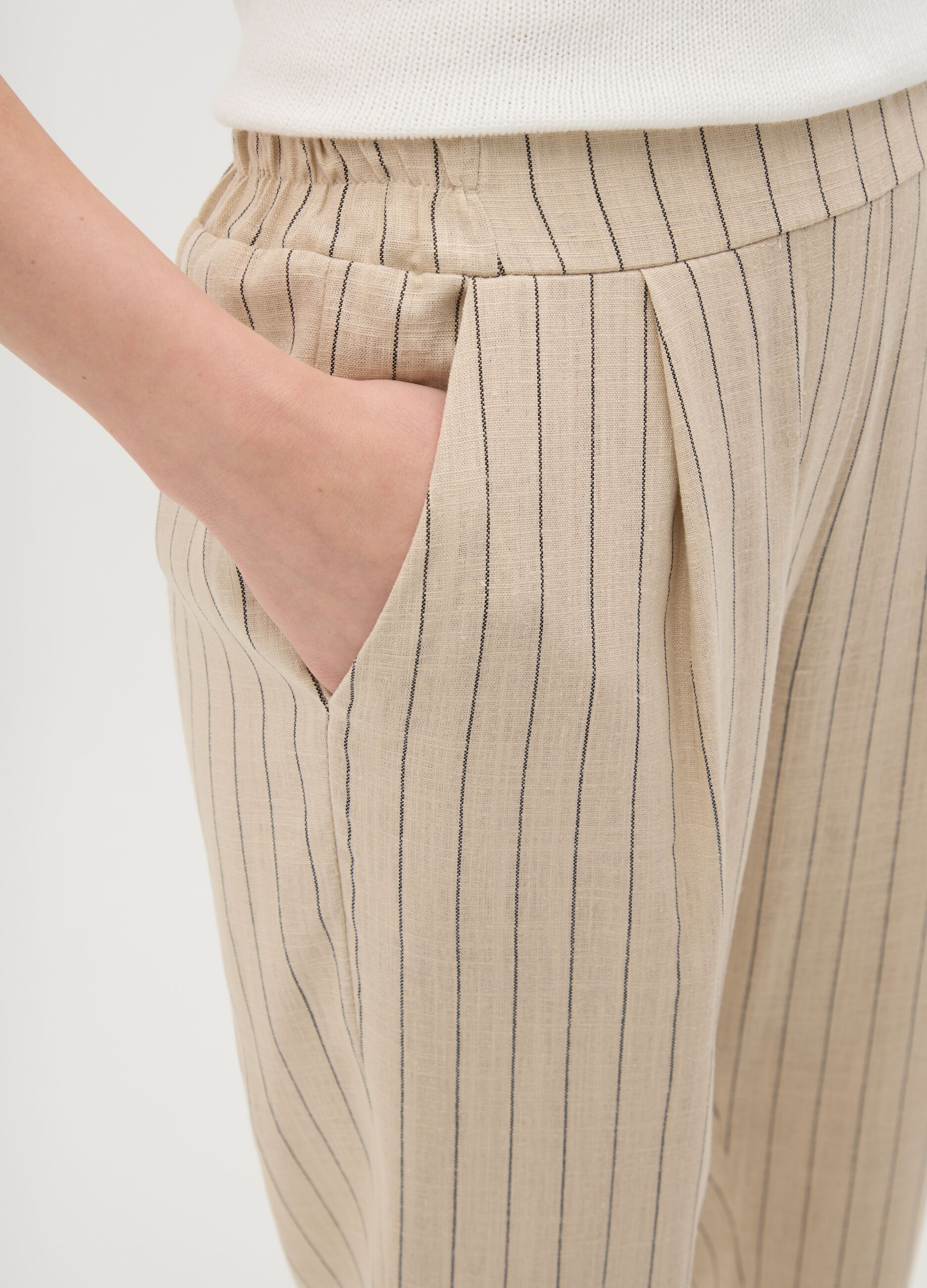 Beige Linen Blend Women's Regular Fit Trousers