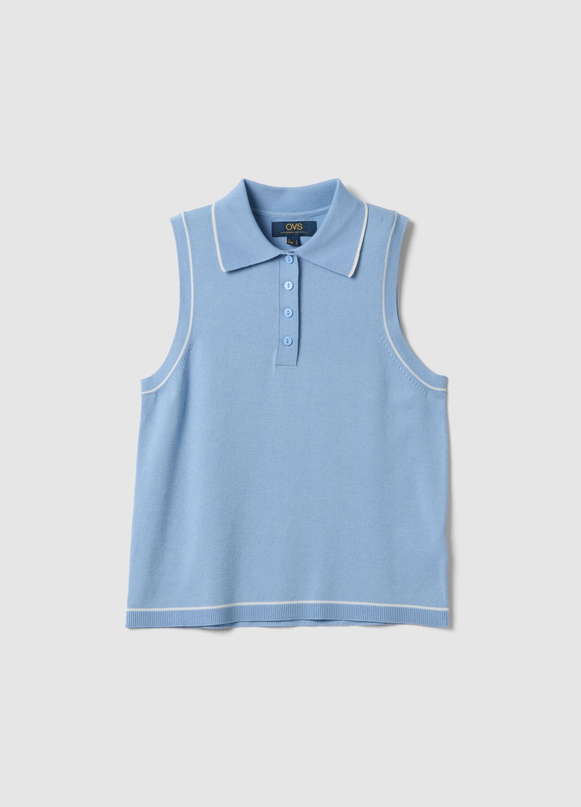 Sleeveless light blue viscose blend polo slim fit with buttons