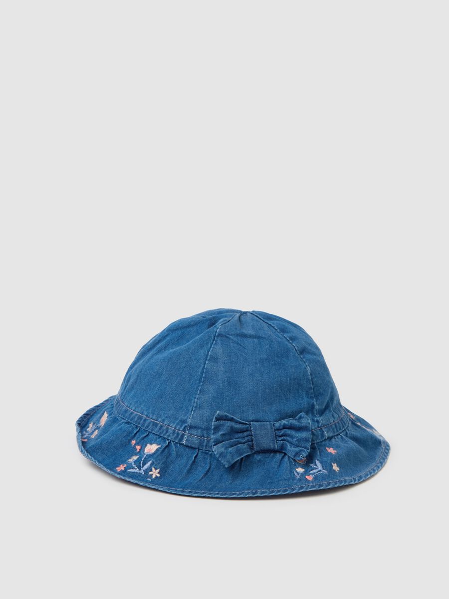 Denim hat with flowers embroidery and bow_0