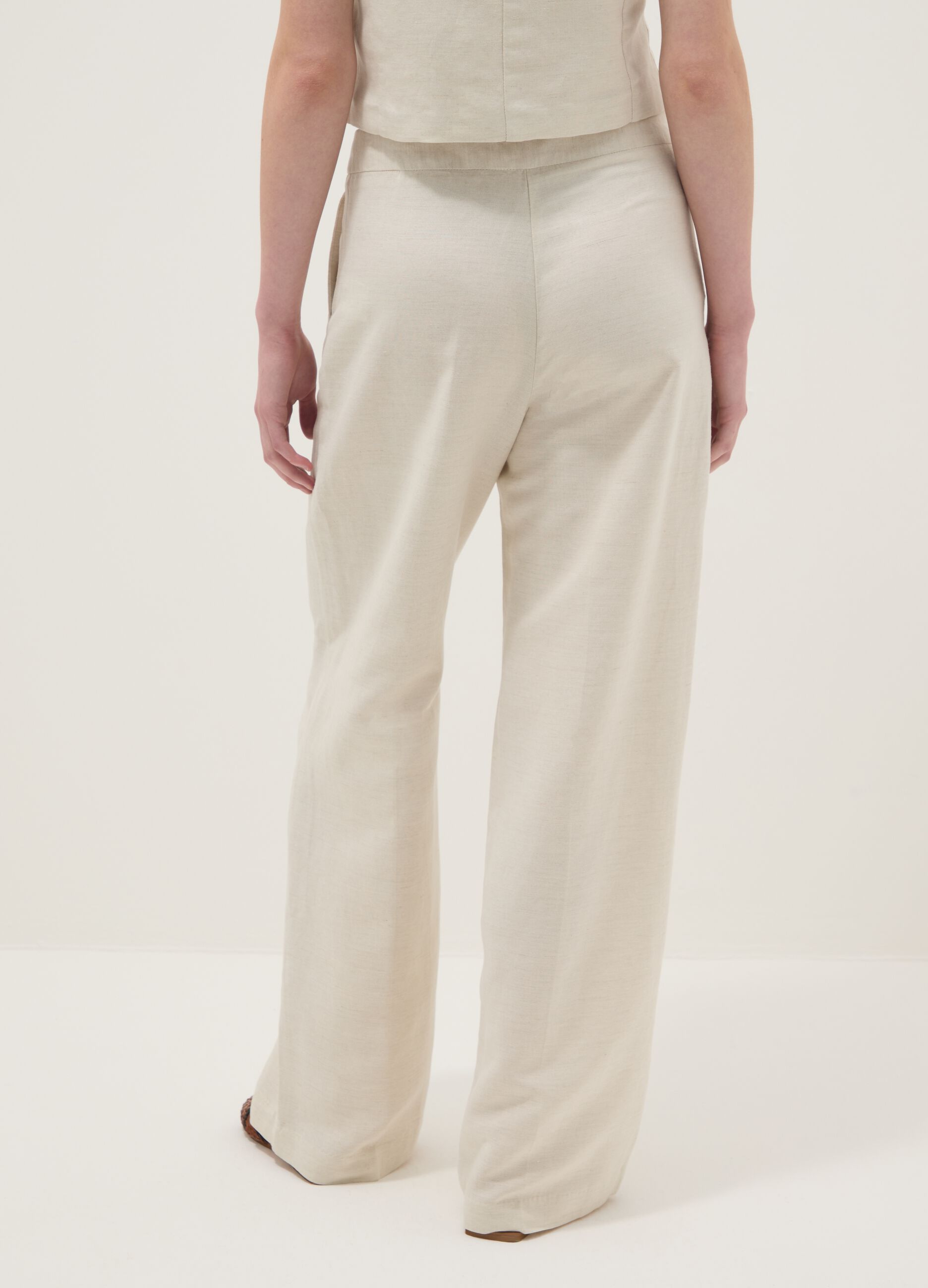 Beige linen and viscose blend straight fit trousers
