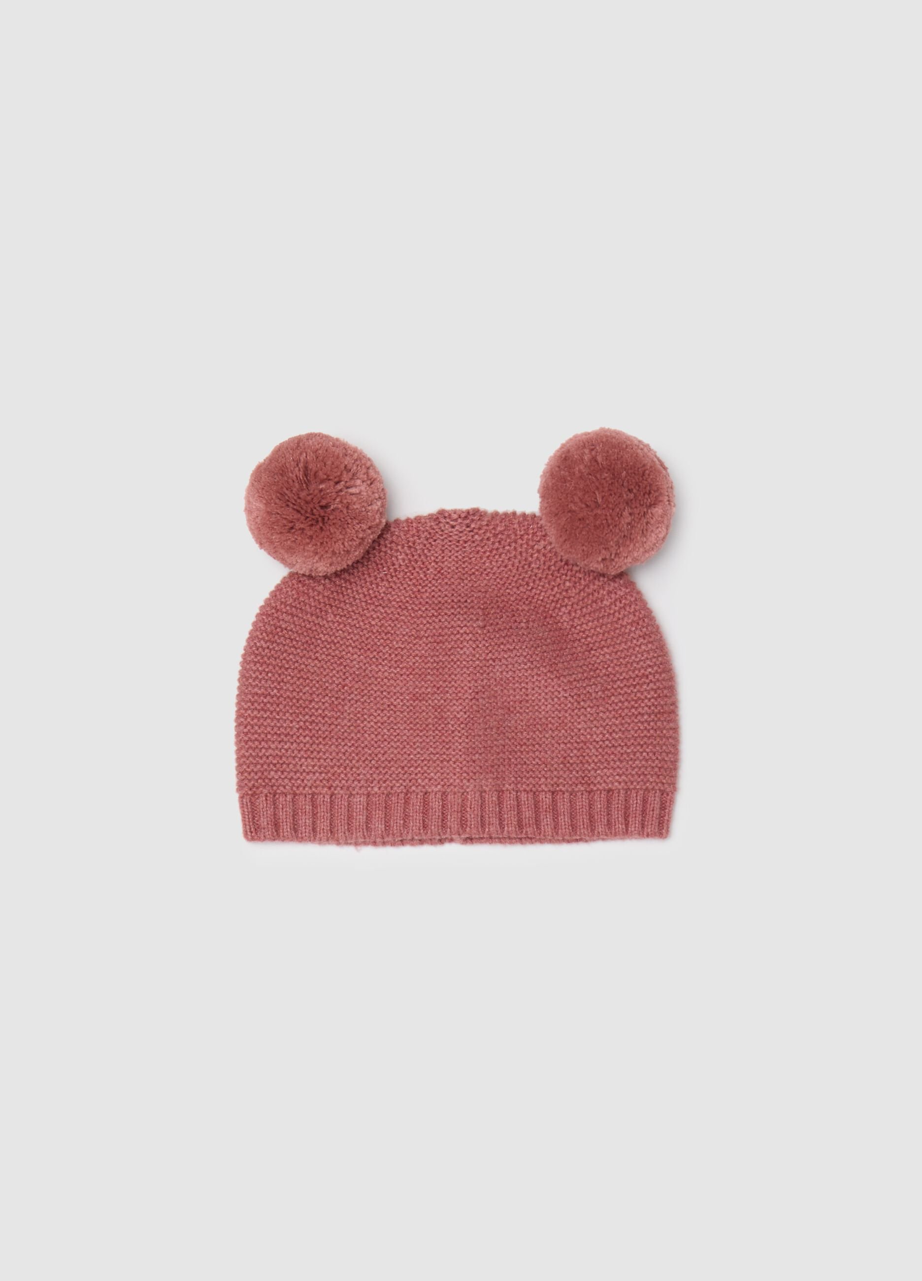 Girls' pink pure cotton hat with pom-poms