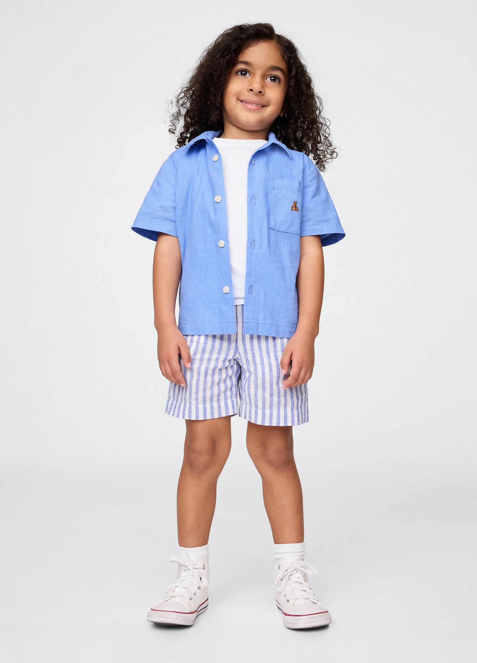 Blue shirt and white and blue striped shorts set