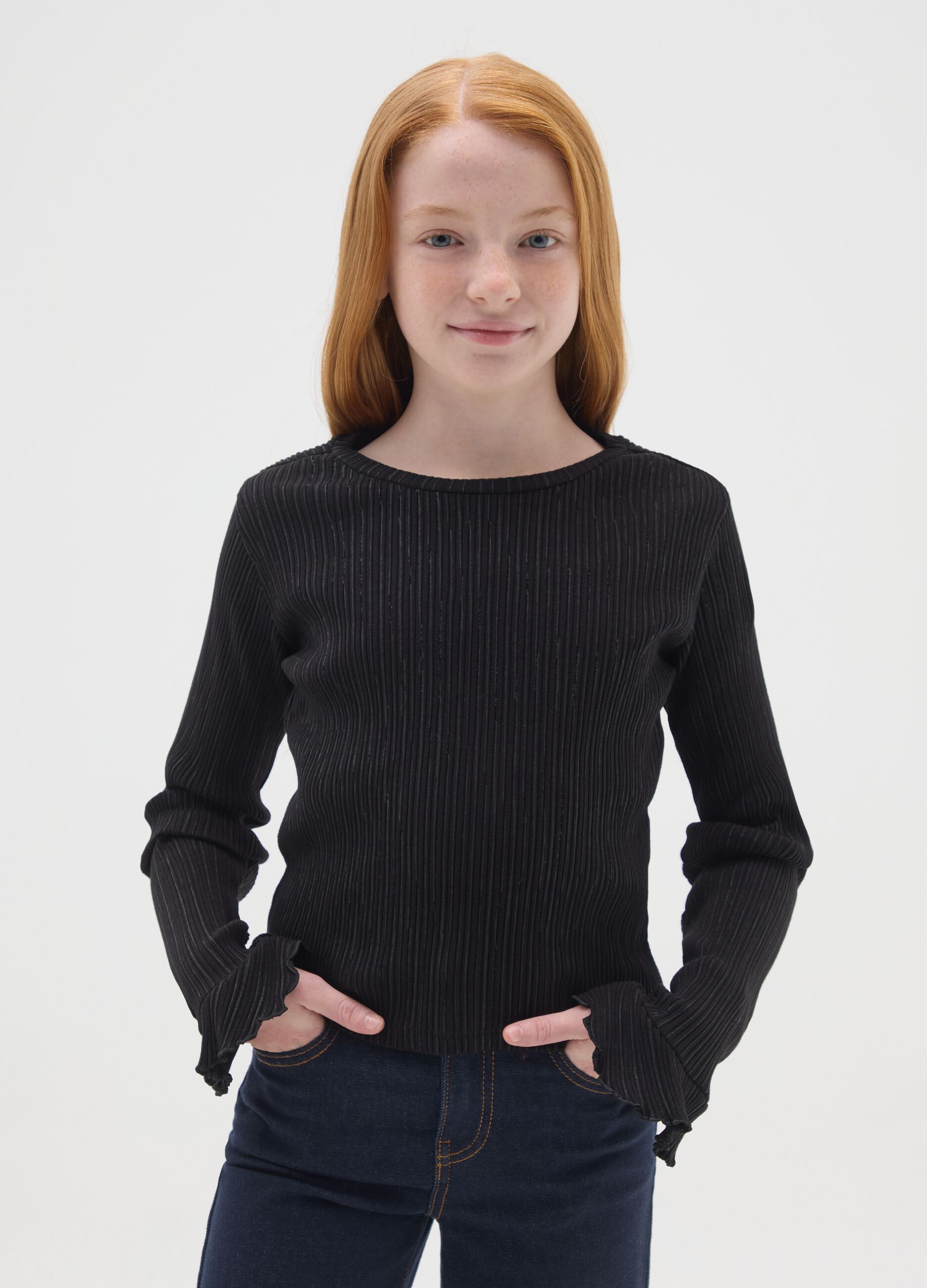 Girl's Black Stretch Cotton Regular Fit Top