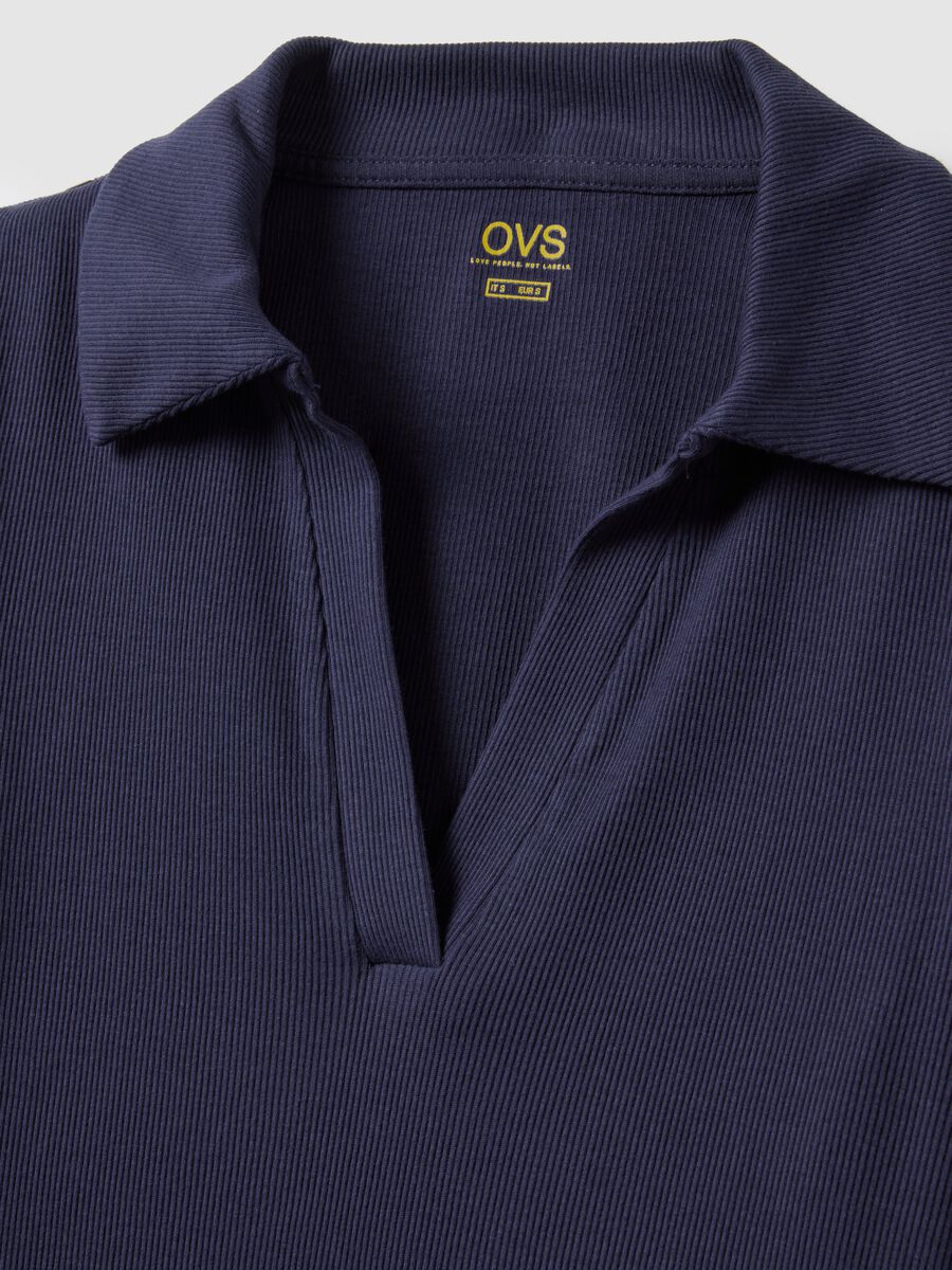 Blue long sleeve polo with V-neck in pure cotton regular fit_5