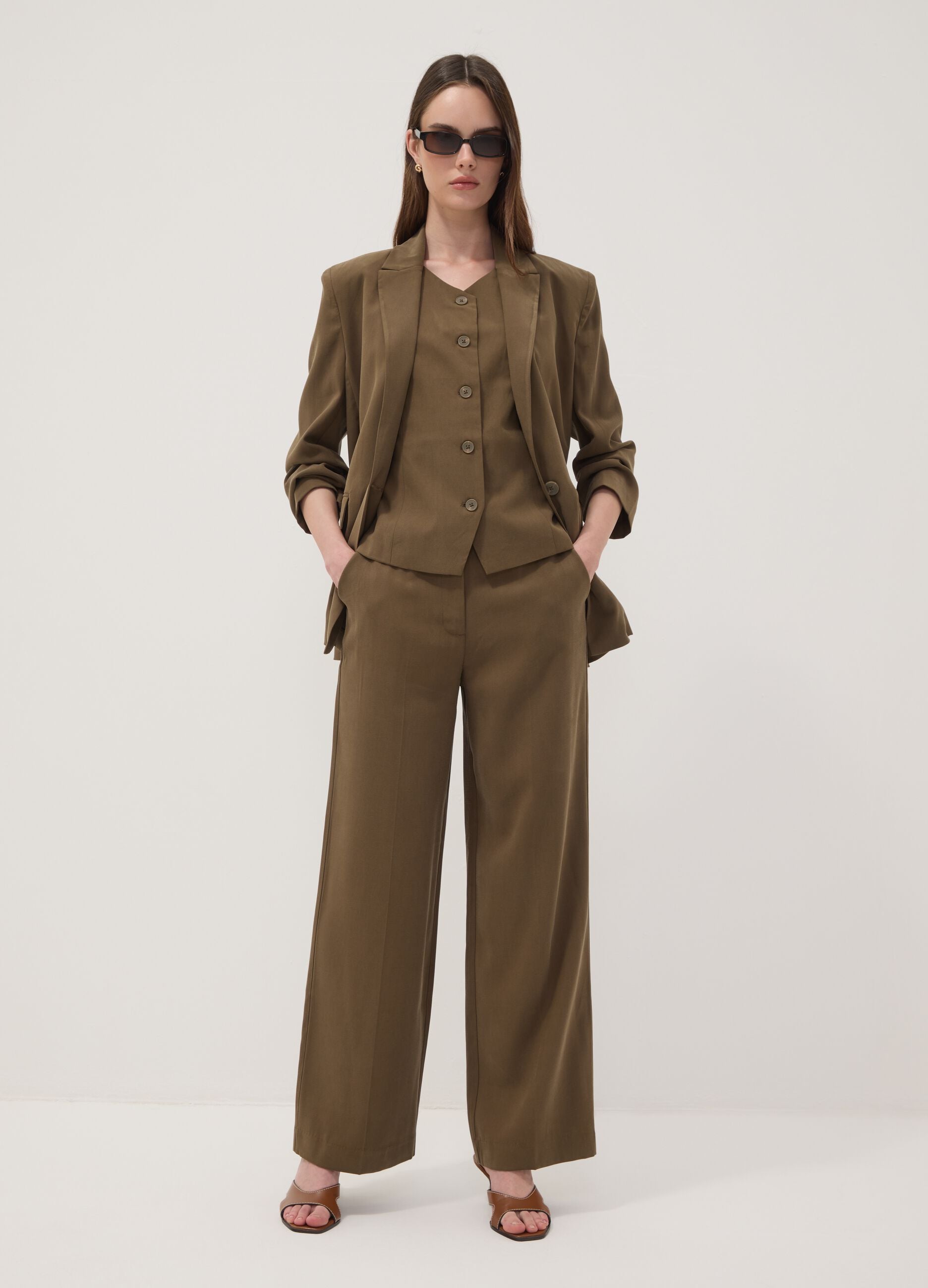 Green viscose-blend straight-leg trousers