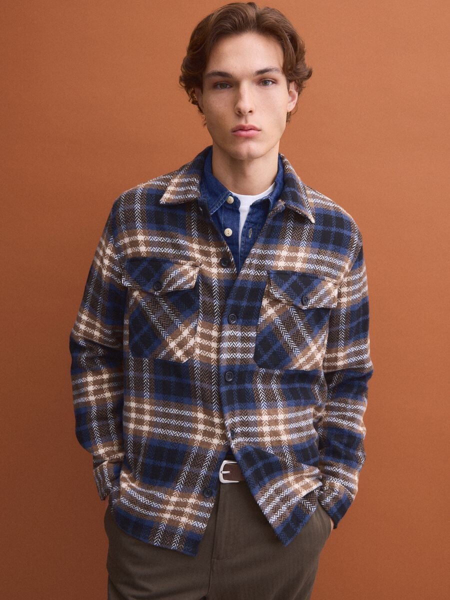 Shacket blu in misto lana a quadri over fit_0