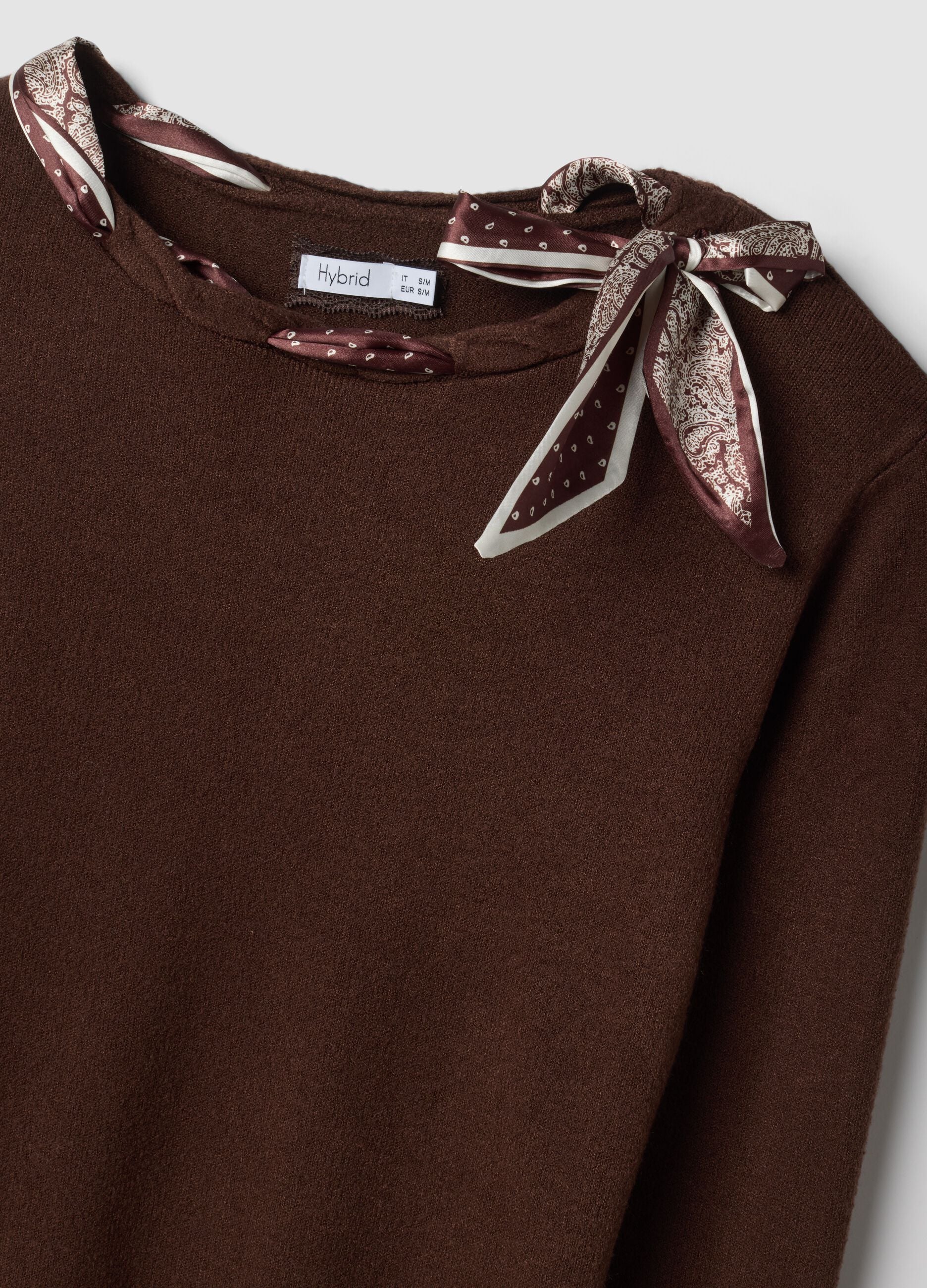 Brown viscose-blend jumper with neck scarf, regular fit