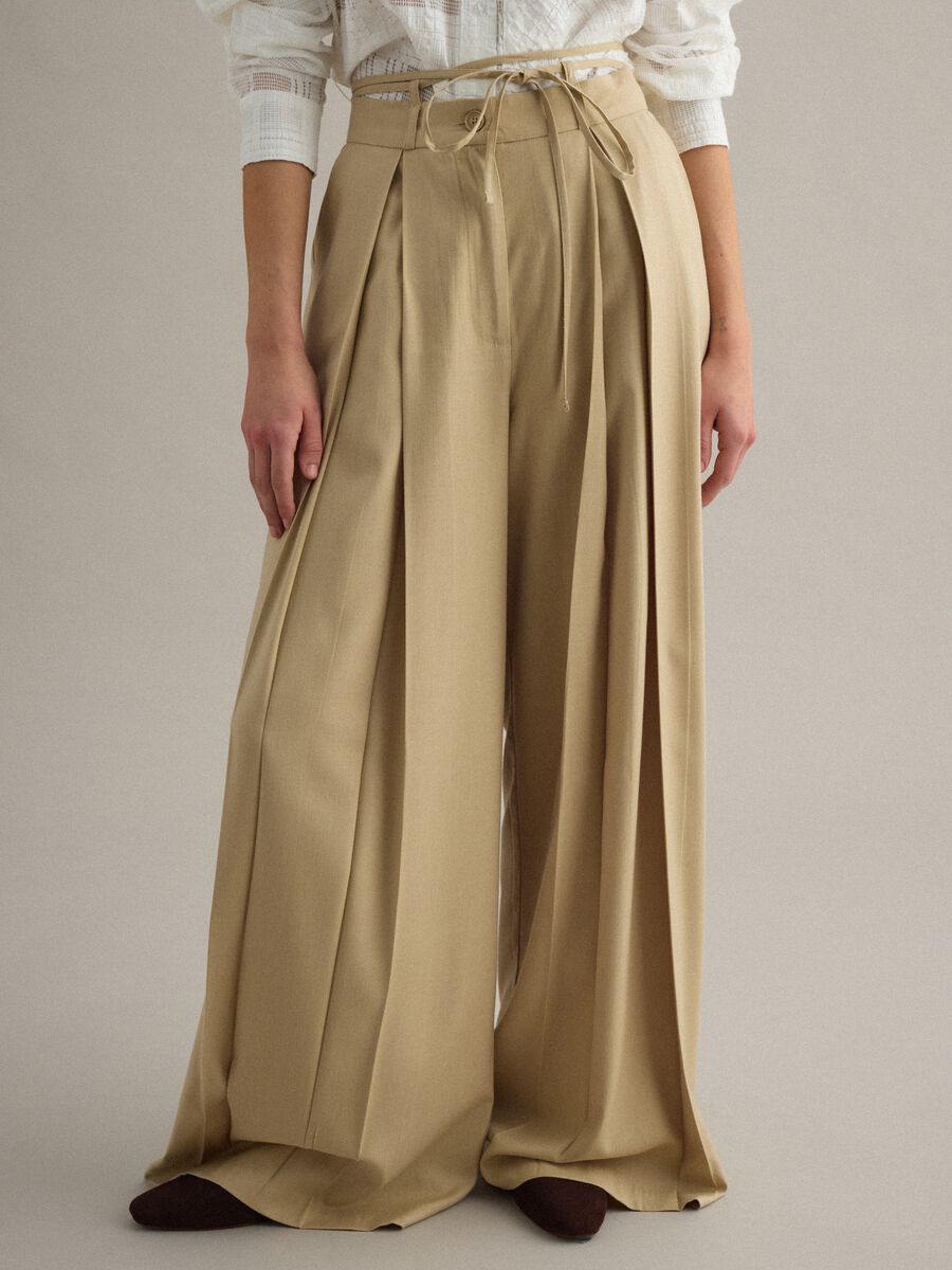 Pantaloni flare in misto viscosa beige_2