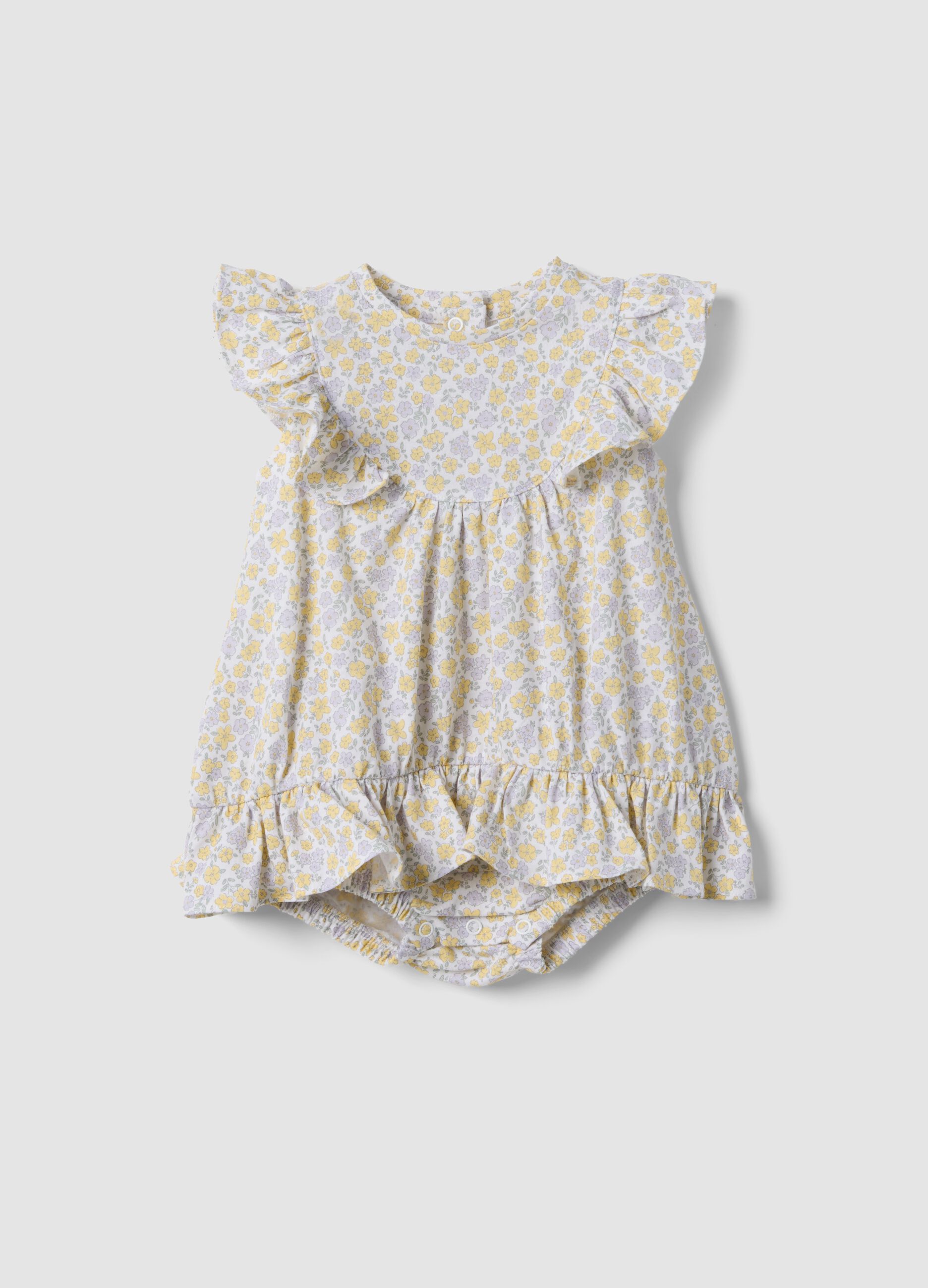 Yellow pure cotton baby girl romper with ruffles and floral print
