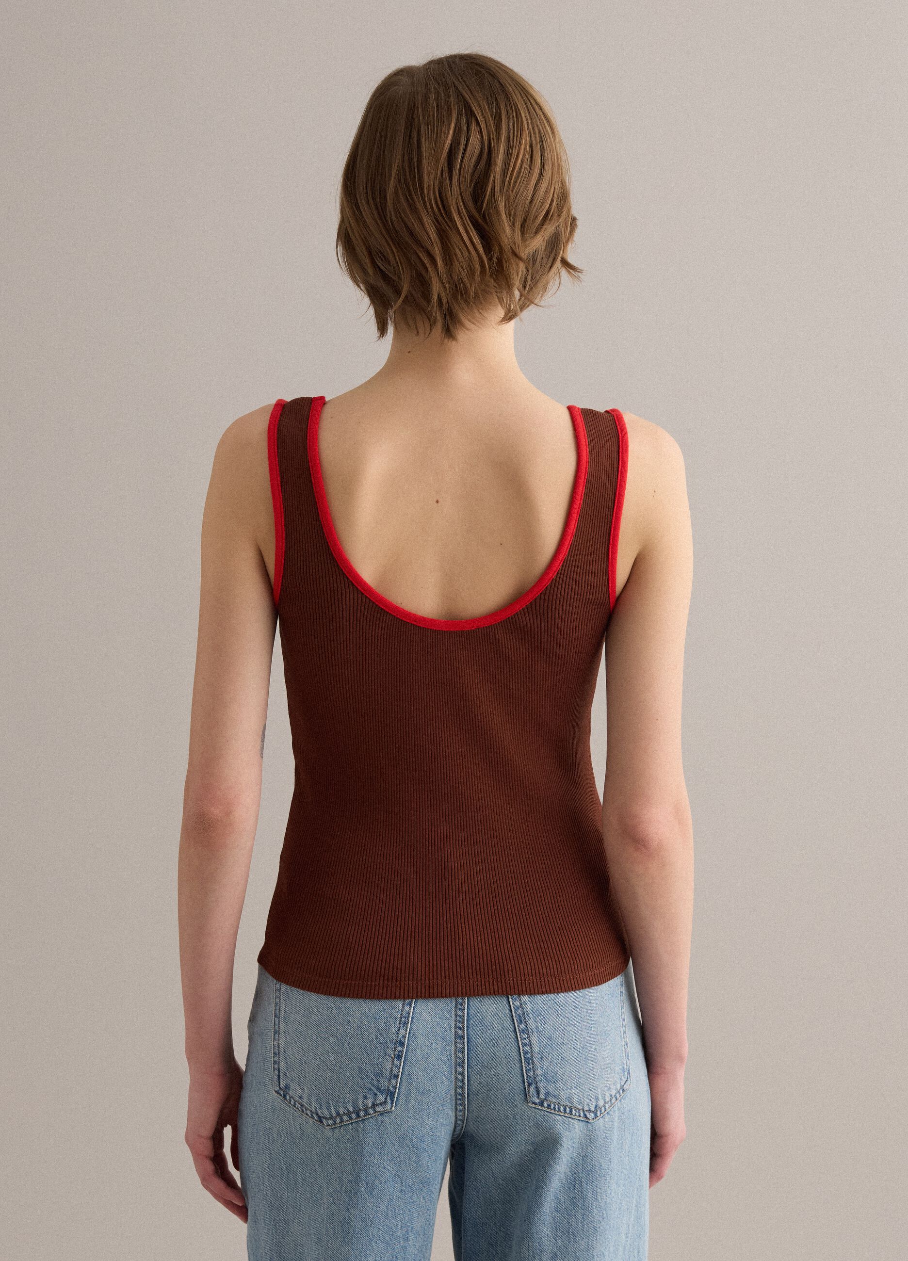 Brown pure cotton ribbed tank top