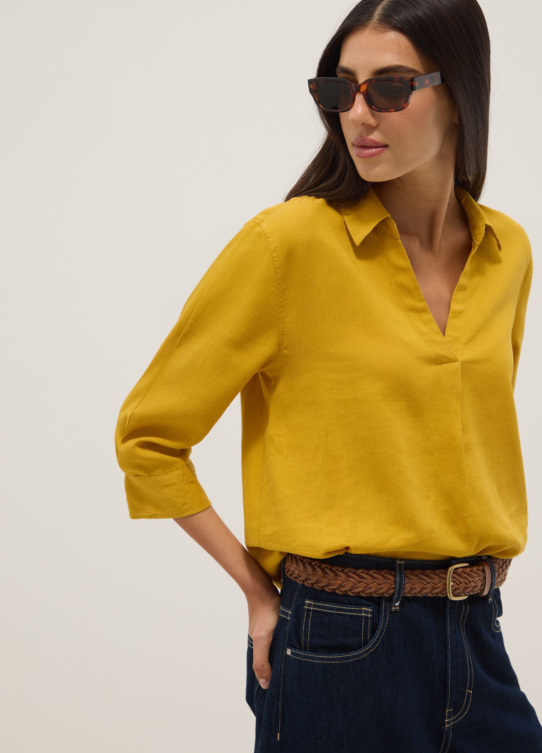 Yellow linen and viscose blend regular-fit shirt with V-neck