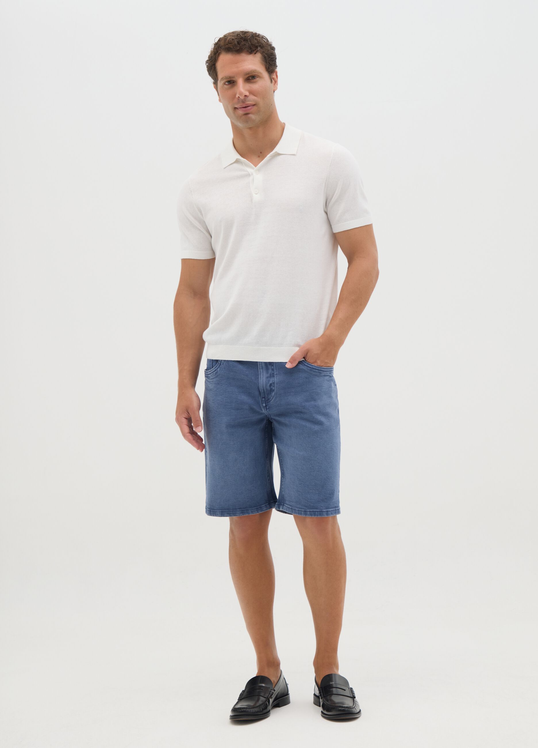 Men's Stretch Denim Beige Bermuda Shorts
