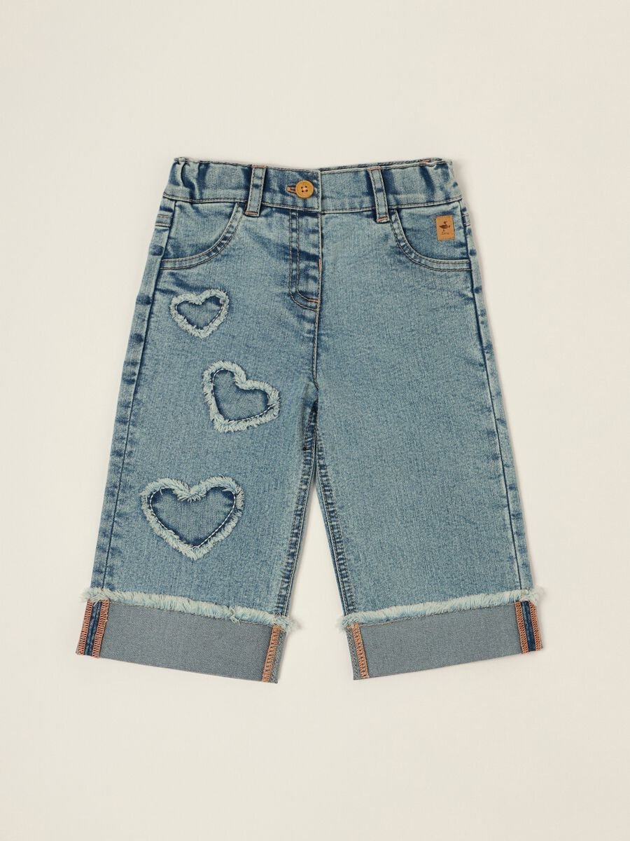 Stretch cotton denim jeans with embroidered hearts for baby girls_0