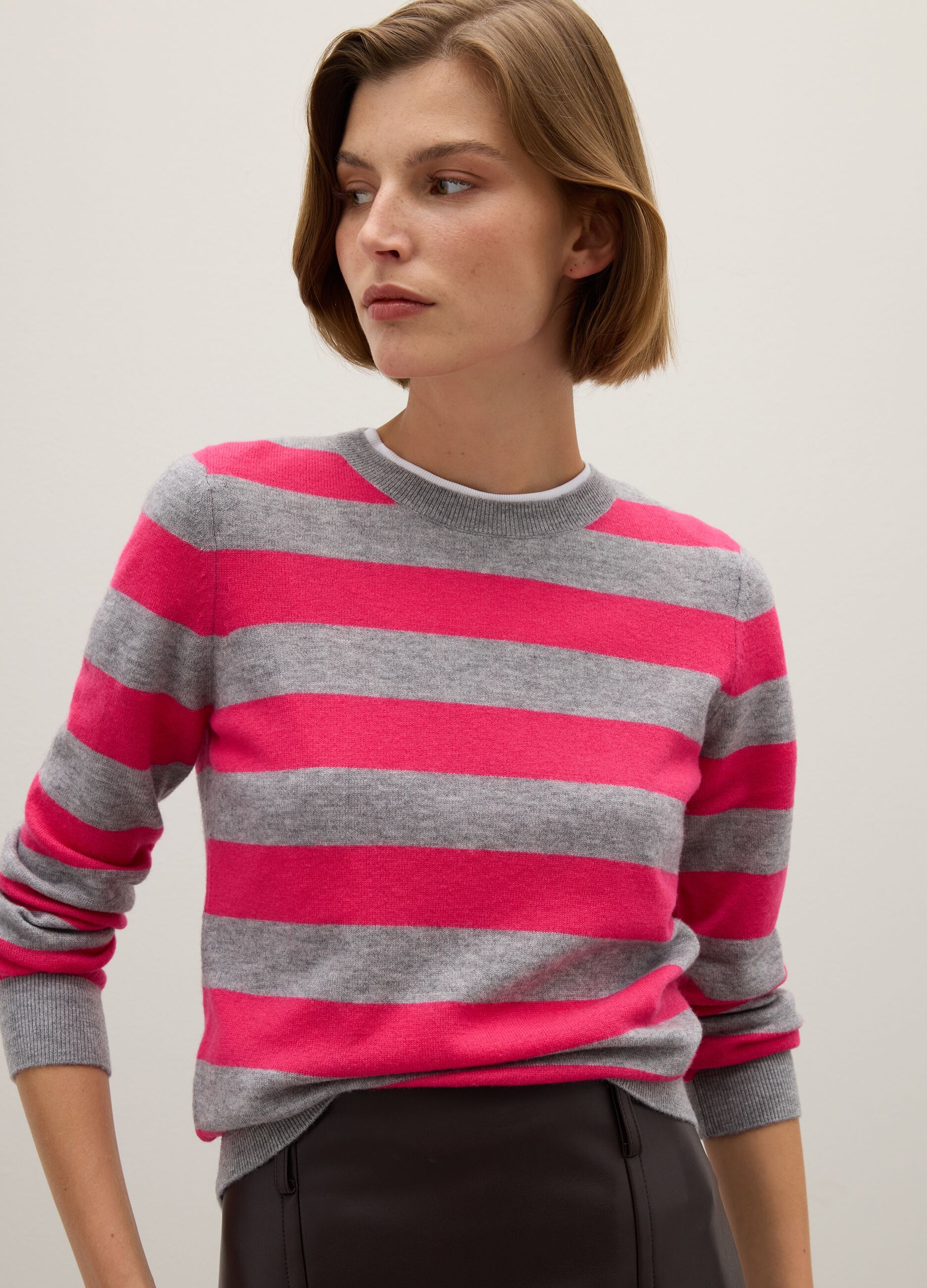 Grey and pink striped pure wool jumper