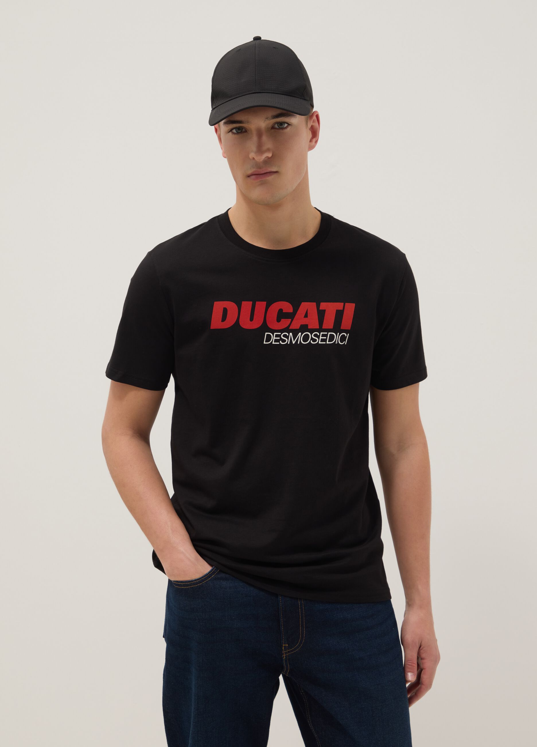 Black regular fit pure cotton T-shirt with Ducati print
