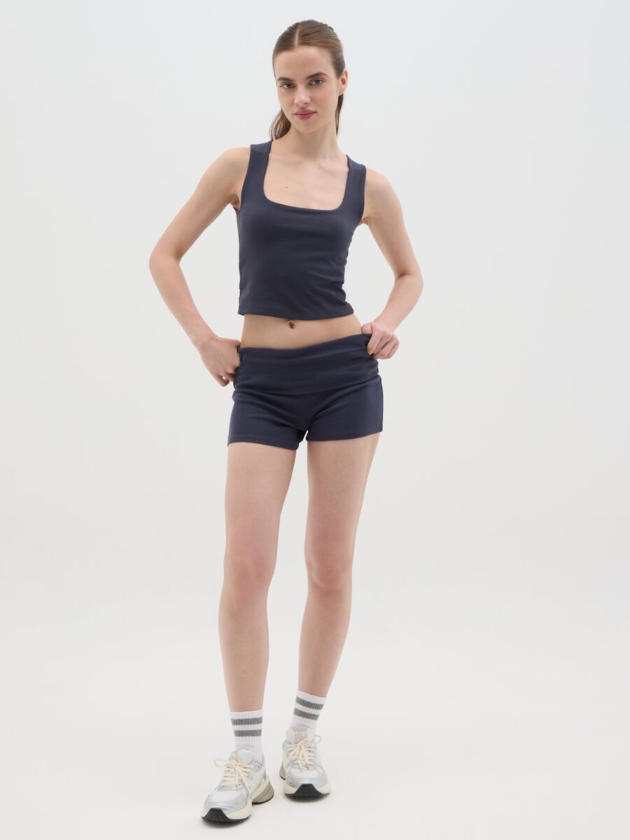 Women's slim fit blue pure cotton shorts with cuff_0