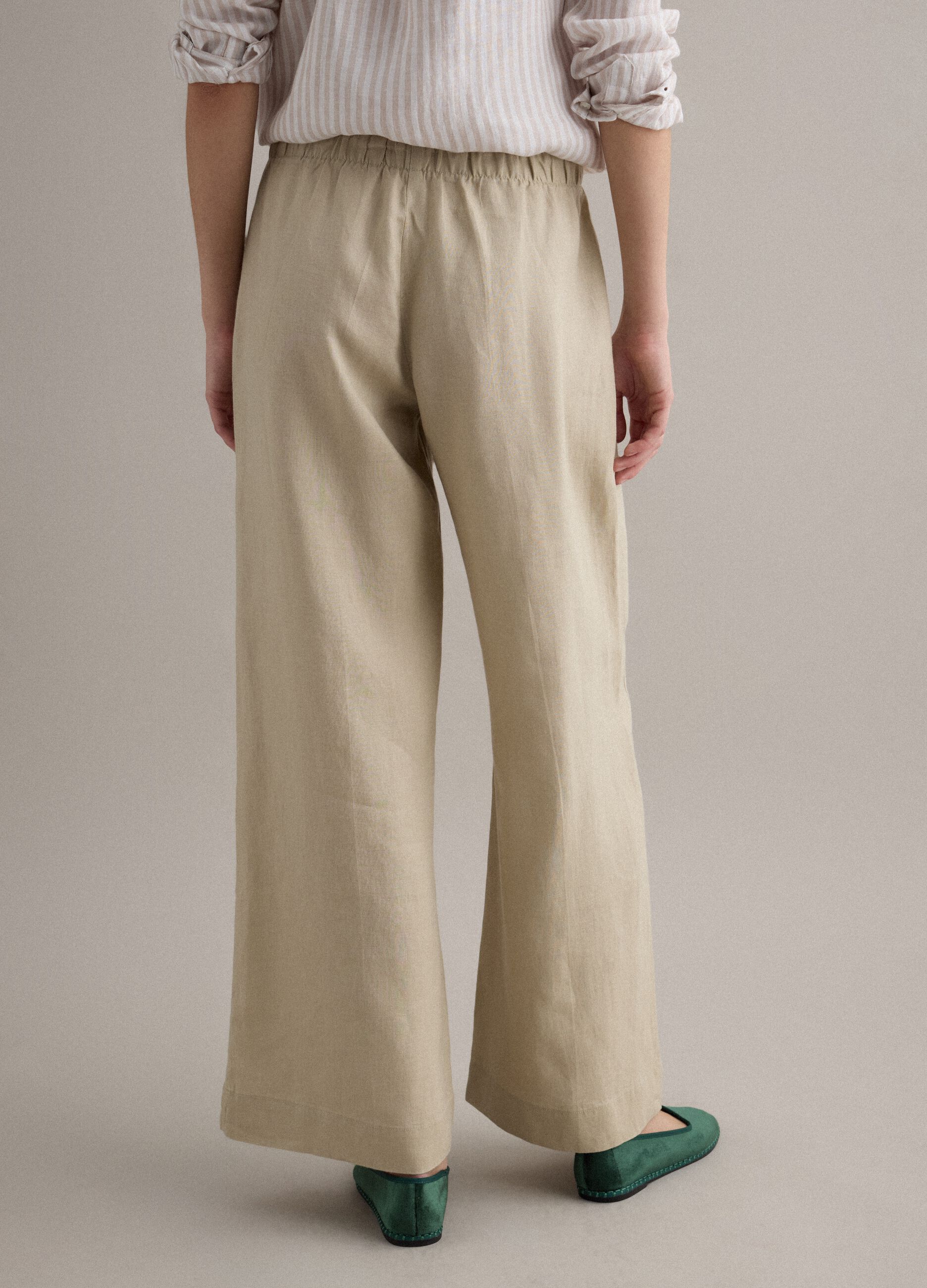 Beige pure linen straight-fit trousers with drawstring