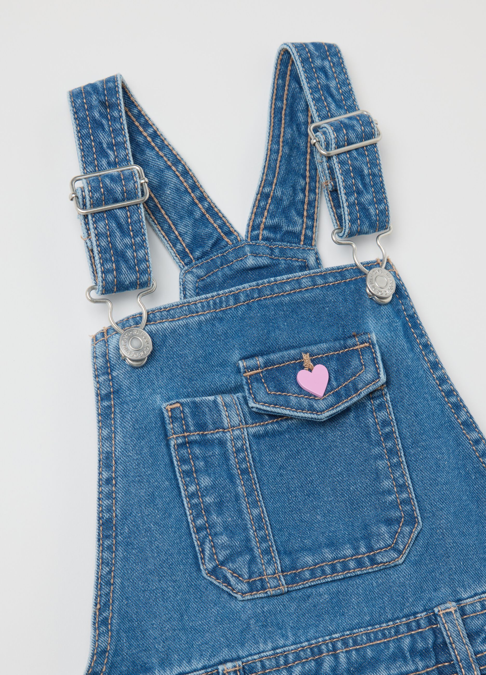 Denim pinafore with "Love" patch and diamantés