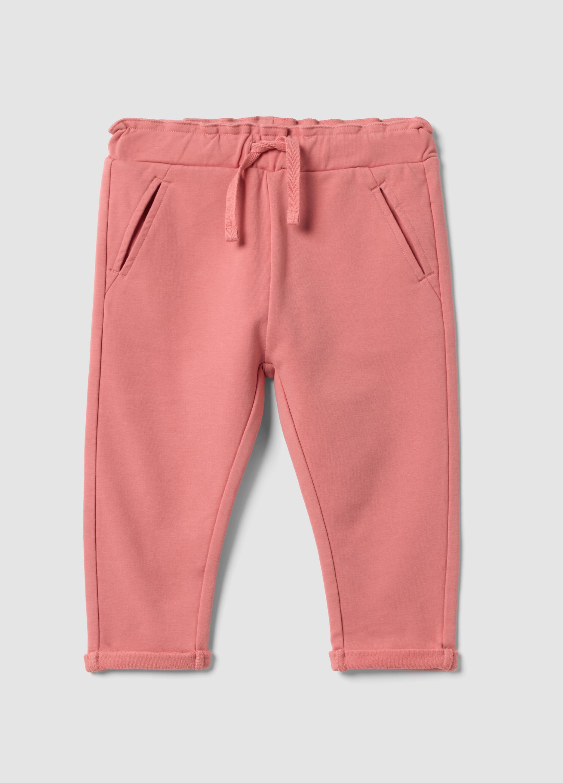 Pink stretch cotton joggers with turn-up hem for baby girl