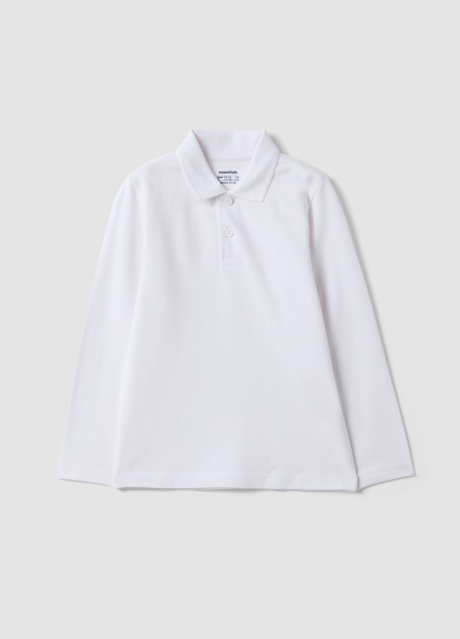 White long-sleeve polo shirt in pure organic cotton, regular fit, for boys