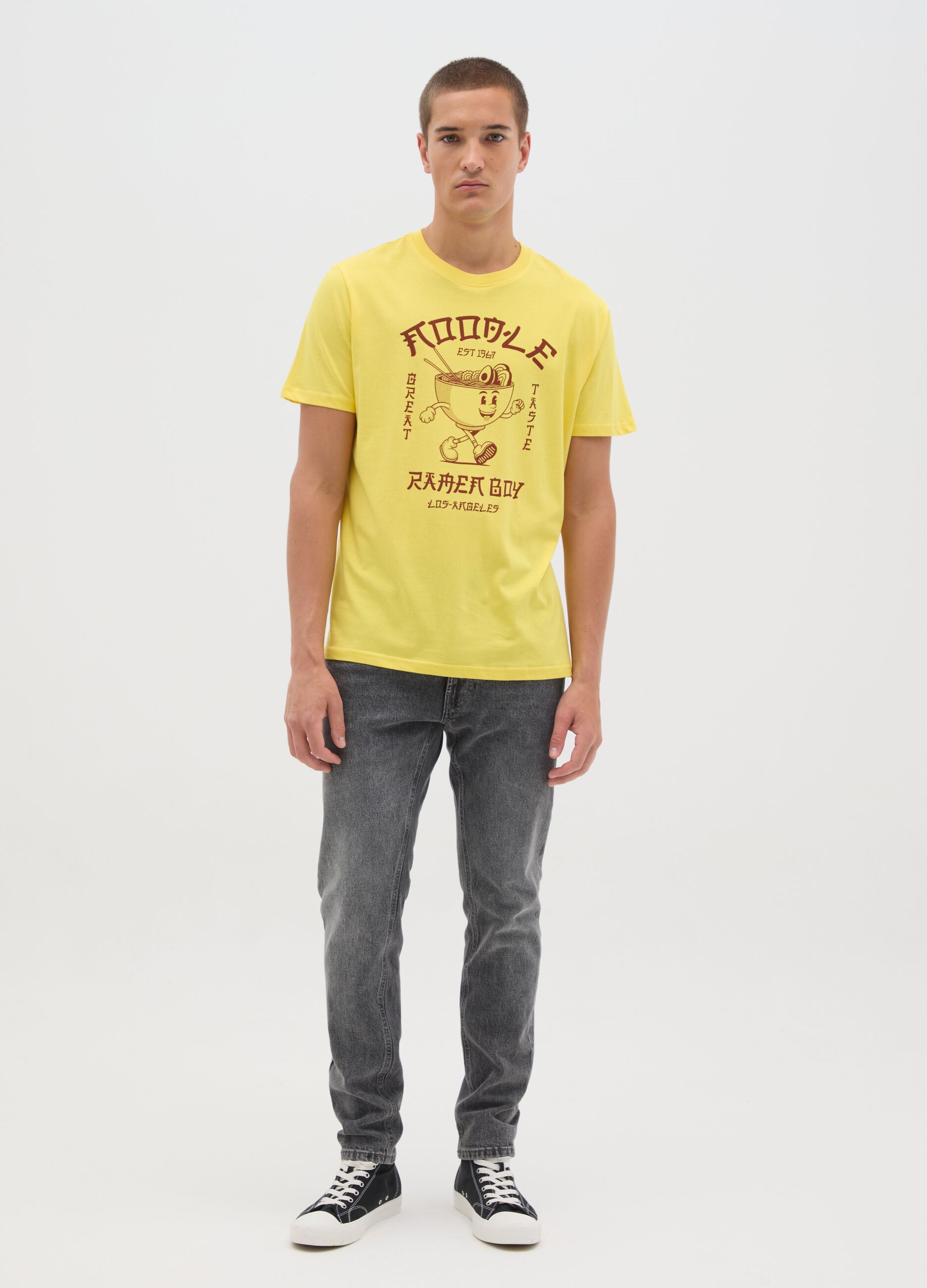 Yellow T-shirt with Ramen Boy Print by Ovs