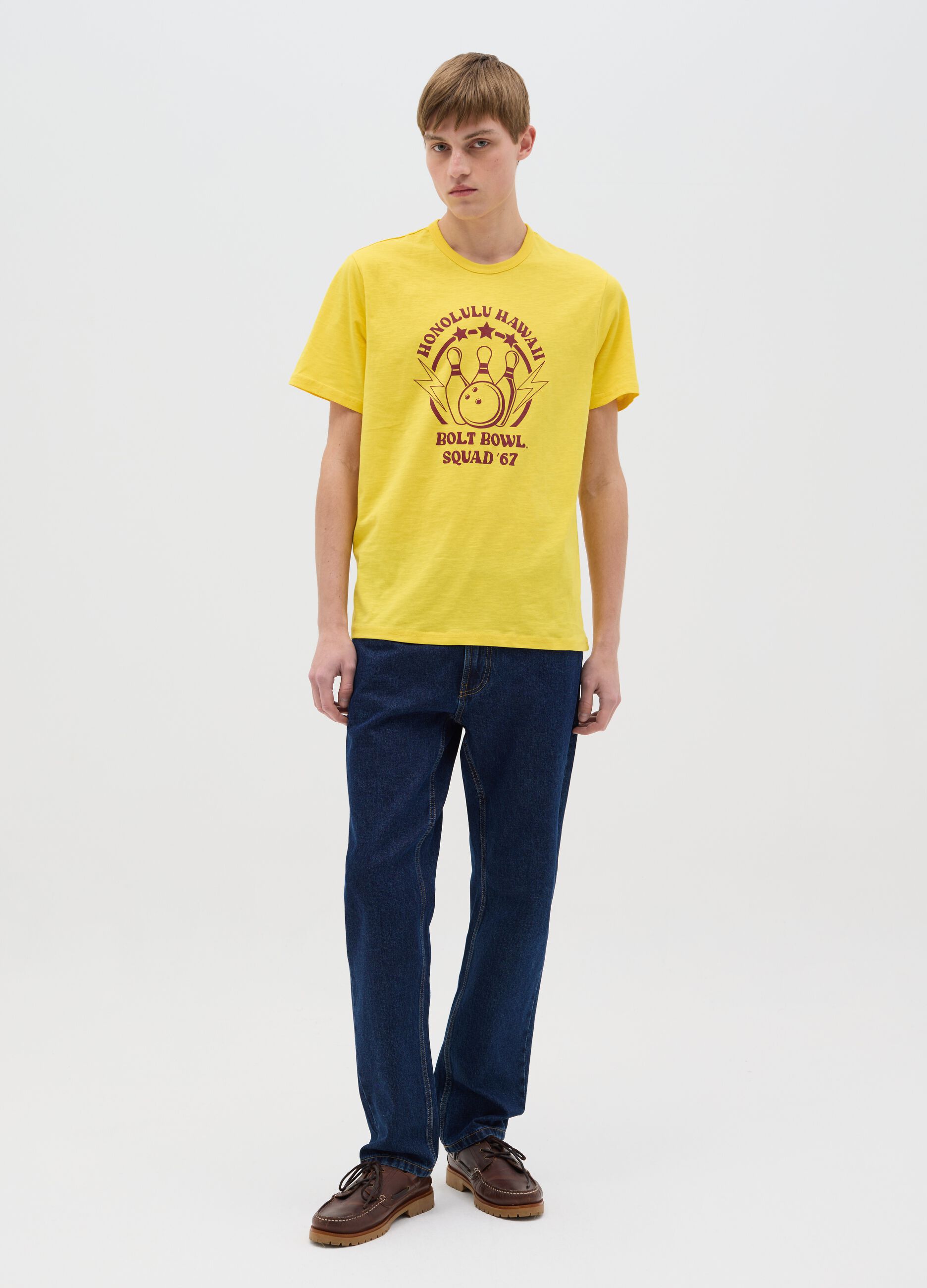 Cotton T-shirt with bowling motif print
