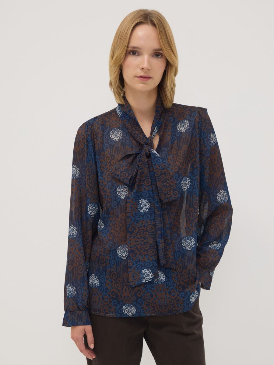 Blue and brown blouse with bow and all-over print, regular fit_0